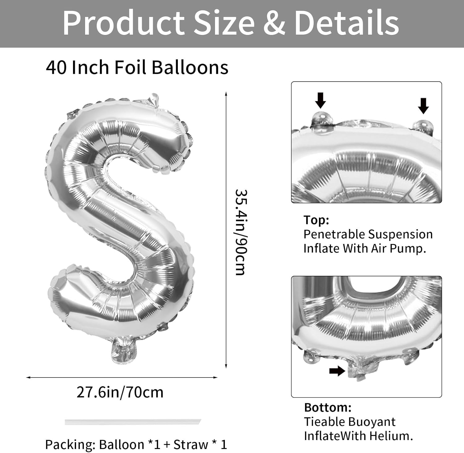 Biapian Globos de letras de 40 pulgadas, globo plateado con letra S grande, 1 globo gigante de aluminio de aluminio individual S para cumpleaños,