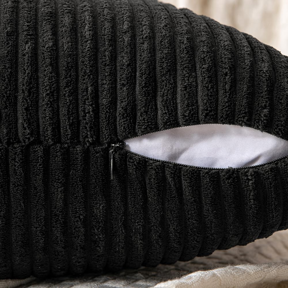 MIULEE Juego de 2 fundas de almohada de pana color negro, fundas de almohada decorativas bohemias empalmadas, fundas de almohada suaves y sólidas