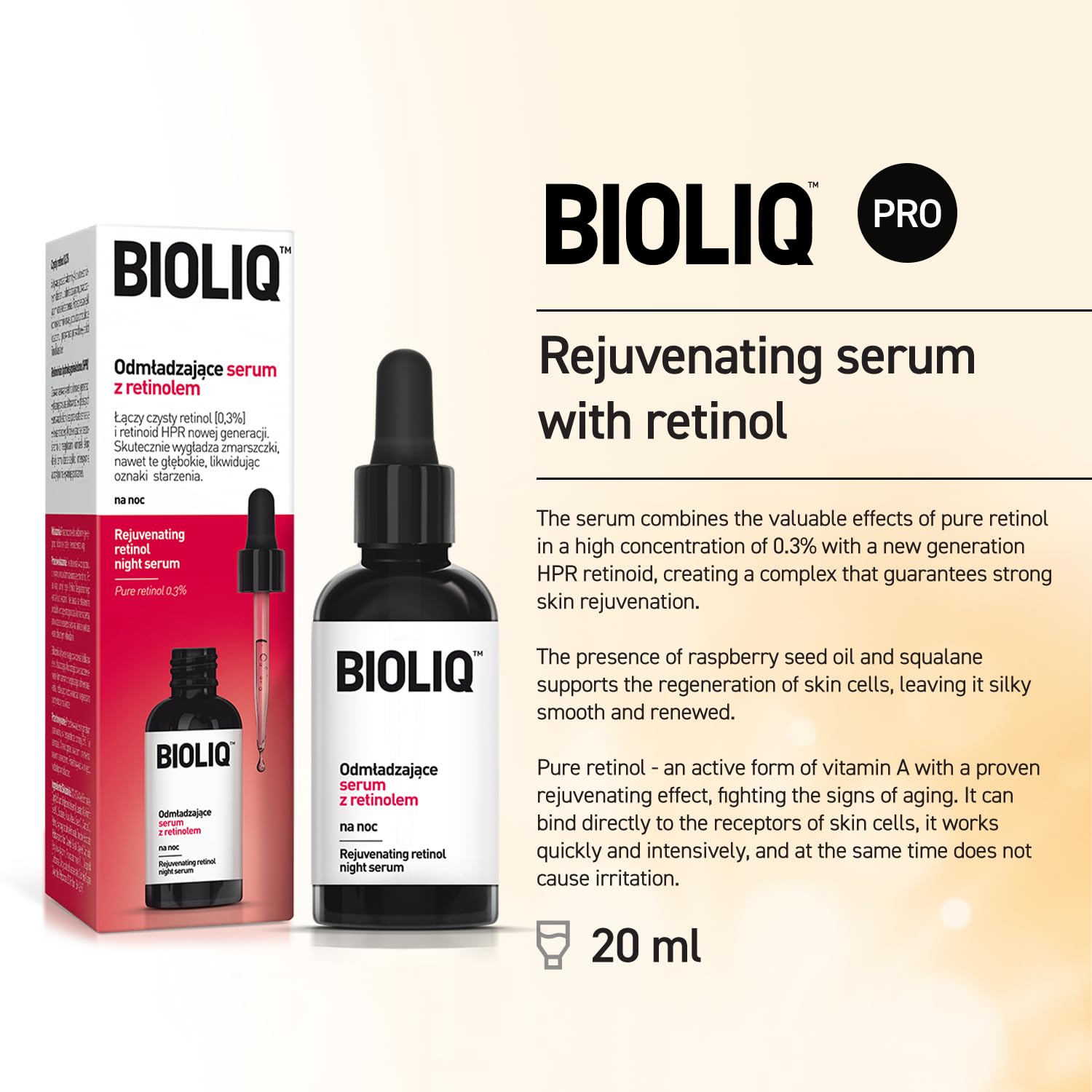 Pro Rejuvenating Night Serum wRetinol – Fórmula avanzada para un fuerte rejuvenecimiento y estiramiento de la piel – Con retinol puro 0.3% y