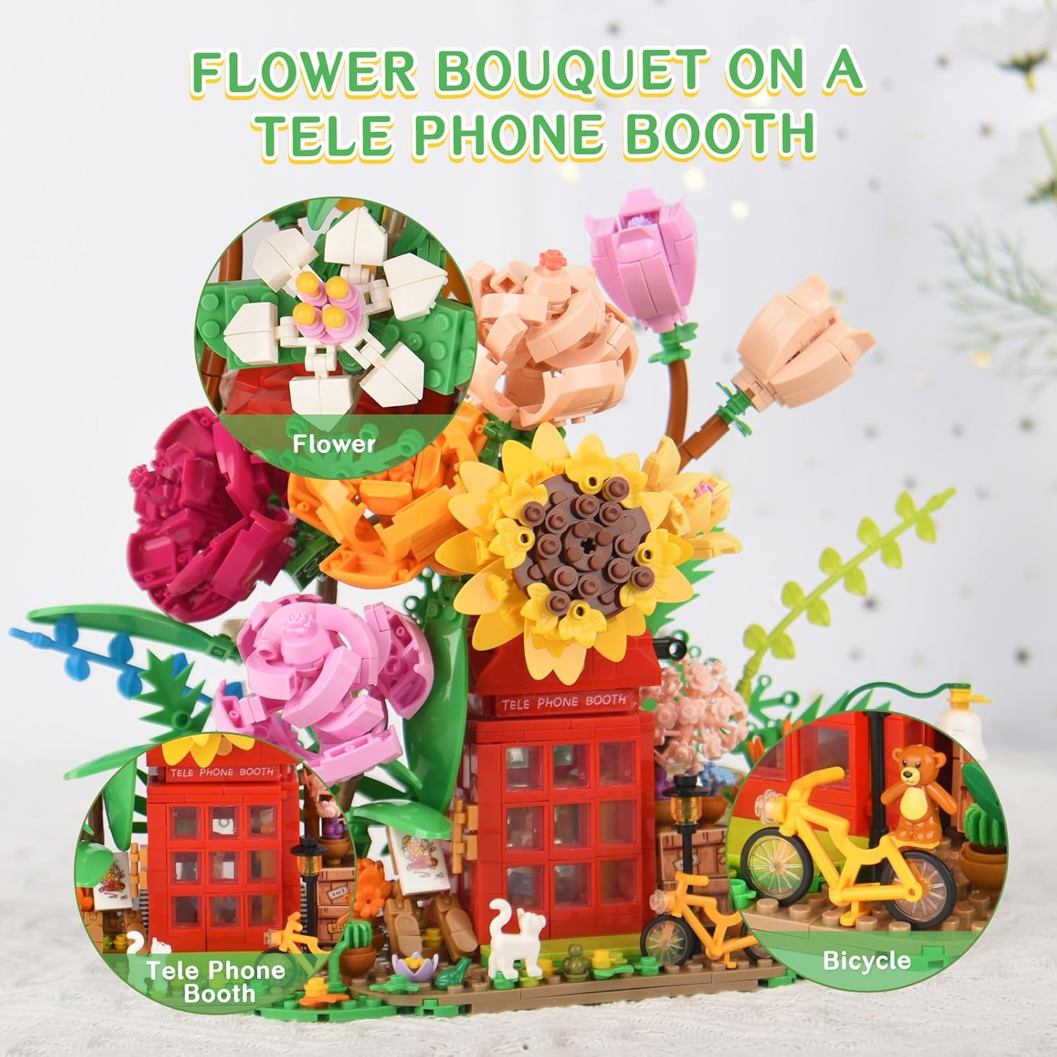 Allhero Juego de construcción de ramo de rosas con cabina telefónica, bicicleta, lindo animal, kit de construcción de ramo de flores coloridas para