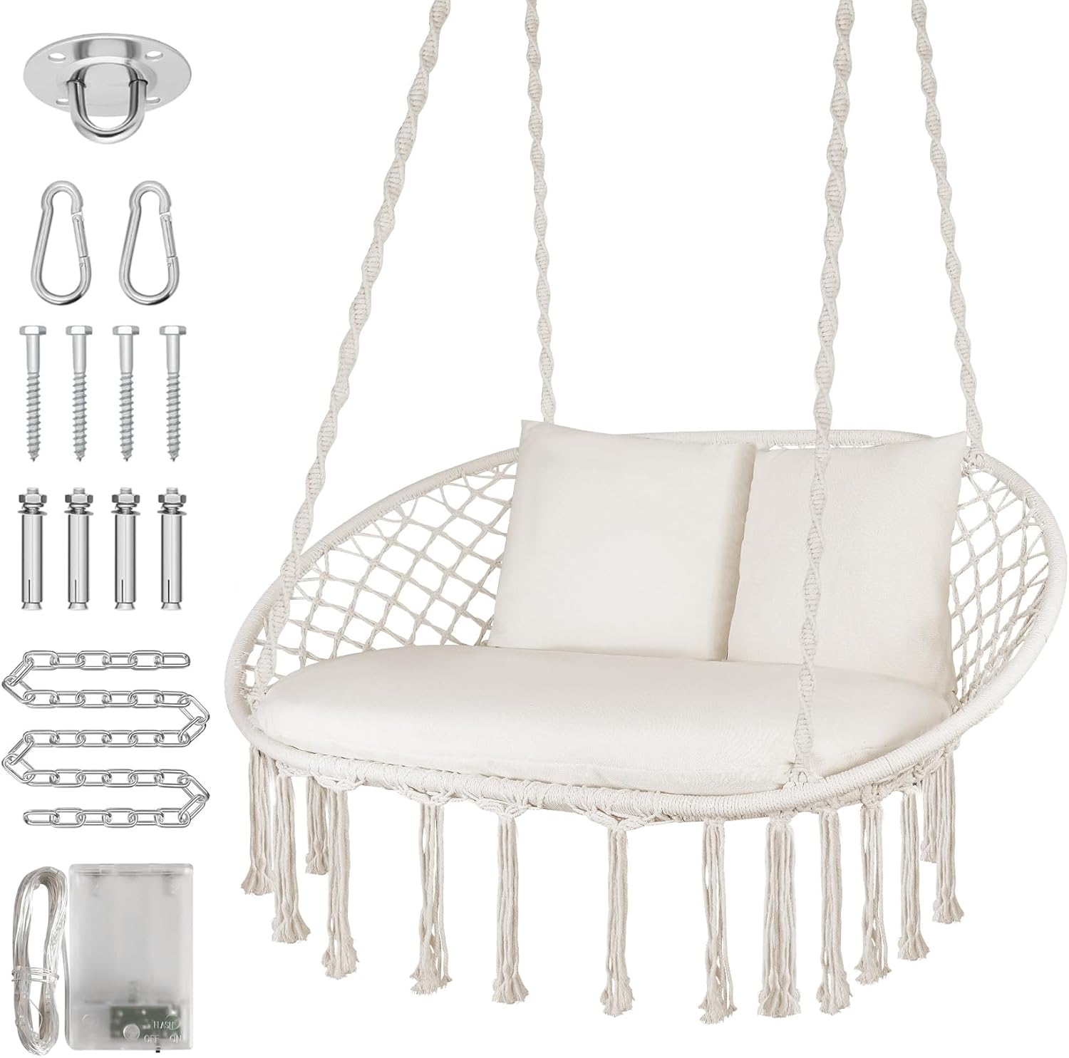 Silla oscilante doble, silla colgante grande de macramé con 3 cojines y accesorios de montaje, silla columpio tejida a mano para dormitorio, patio,