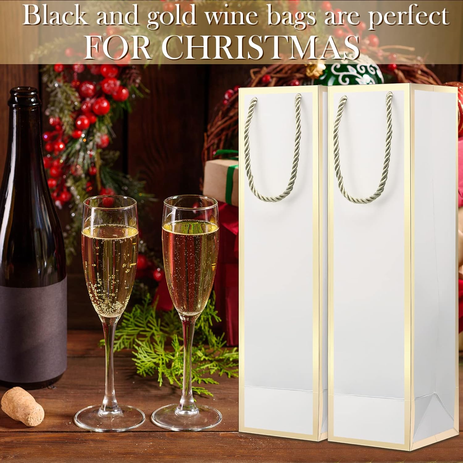 Outus 100 bolsas de regalo de vino, bolsas de botellas de vino con asas de 13.8 x 3.8 x 3.8 pulgadas, elegantes bolsas de papel kraft de licor y