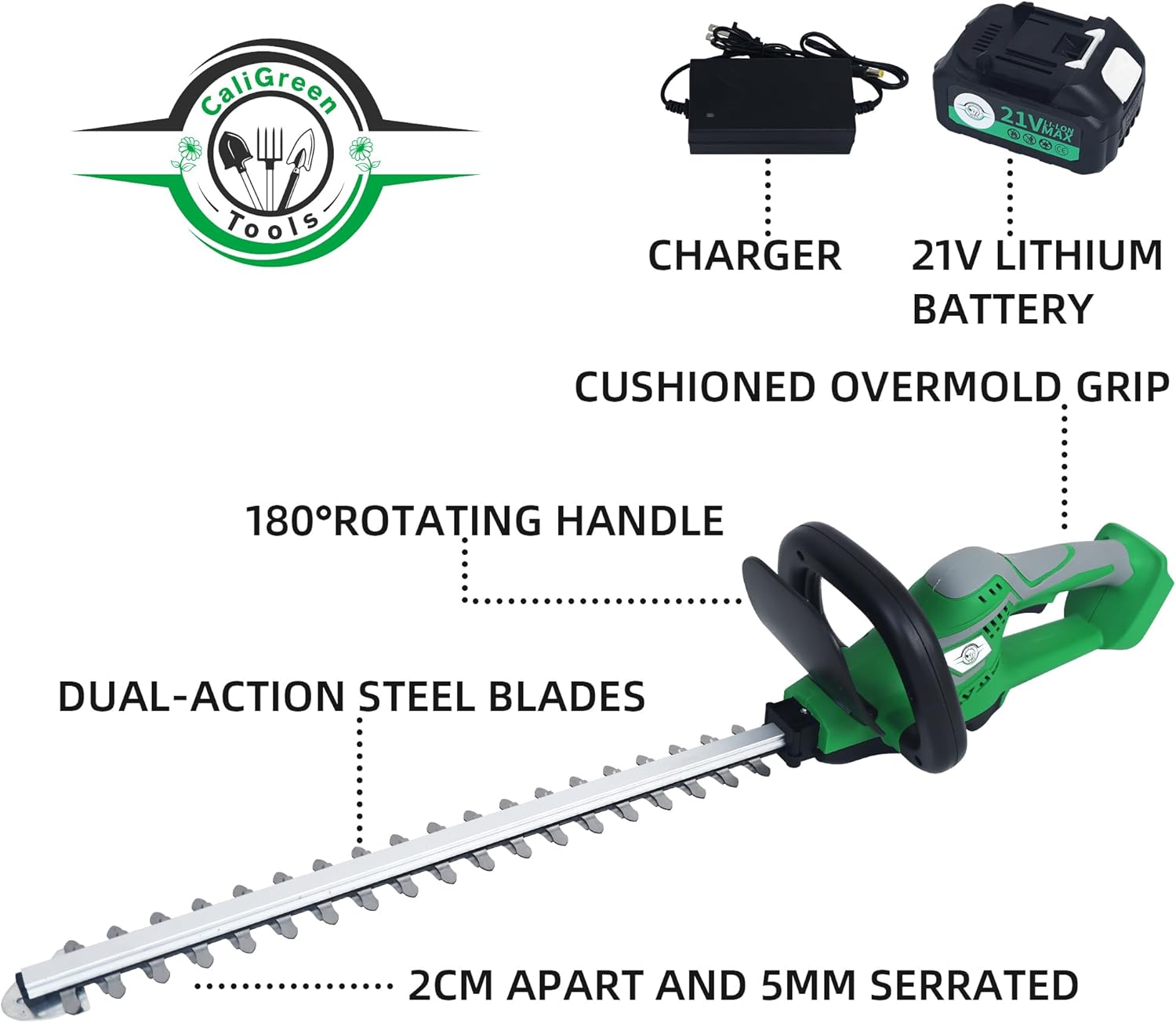 CaliGreen Tools – Cortasetos de corte láser inalámbrico de 21 V, 22 pulgadas, batería de 3.0 Ah y cargador incluidos