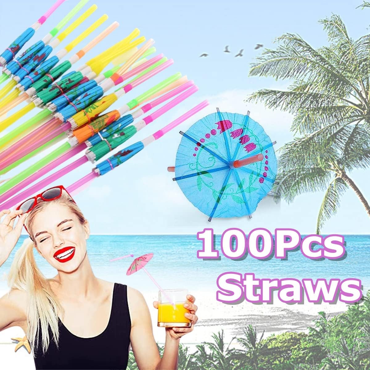 100 popotes para beber paraguas, pajitas de plástico para fiestas, popotes tropicales hawaianos flexibles, flexibles, para cóctel, playa, Luau, bar,