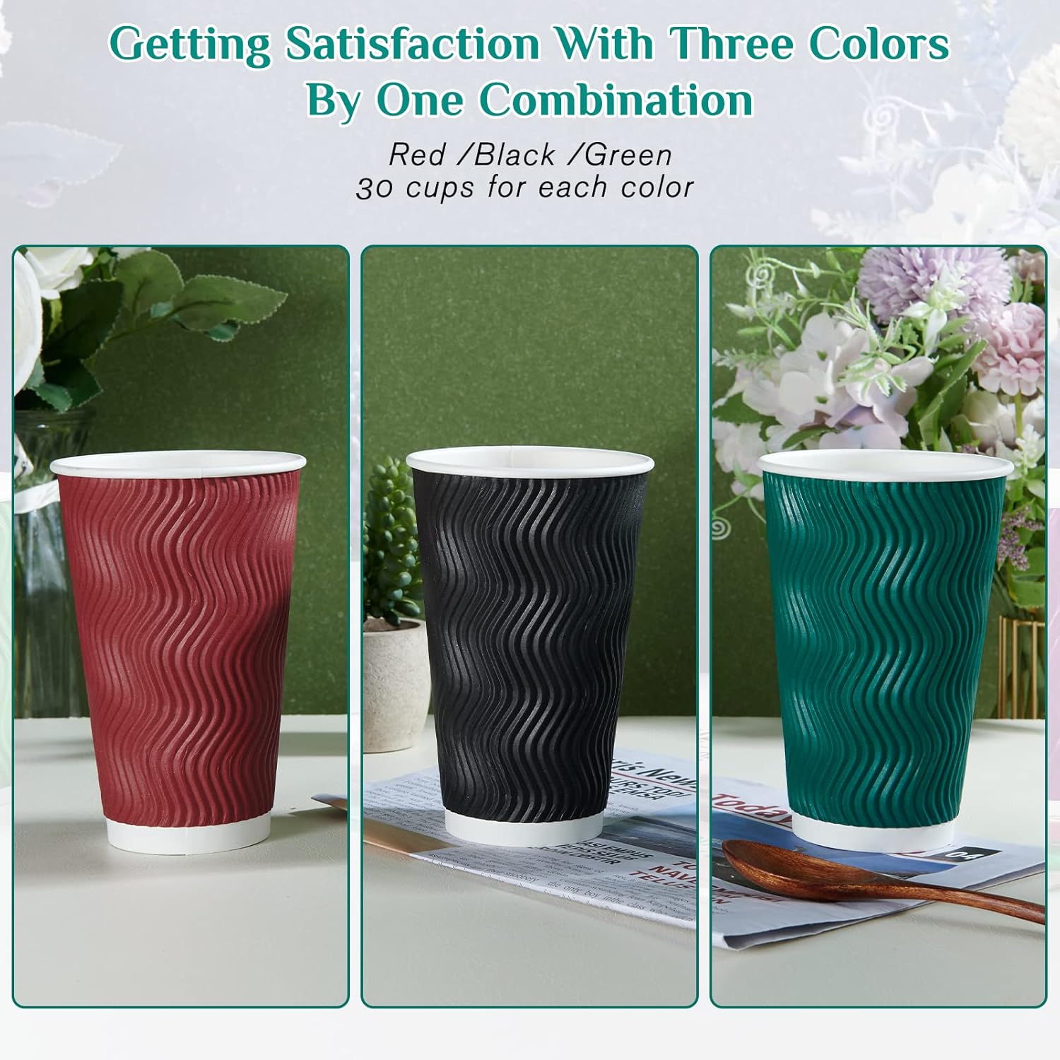 MUCHII Tazas de café de papel de 16 onzas, 90 tazas de café desechables multicolores, tazas de café caliente de papel ondulado aislado para café,