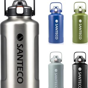 SANTECO Botella de agua de medio galón aislada al vacío de 64 onzas  Frascos al vacío con popote y tapas de boquilla 2 en 1 y asa, jarra de agua de SANTECO Botella de agua de medio galón aislada al vacío de 64 onzas  Frascos al vacío con popote y tapas de boquilla 2 en 1 y asa, jarra de agua de
