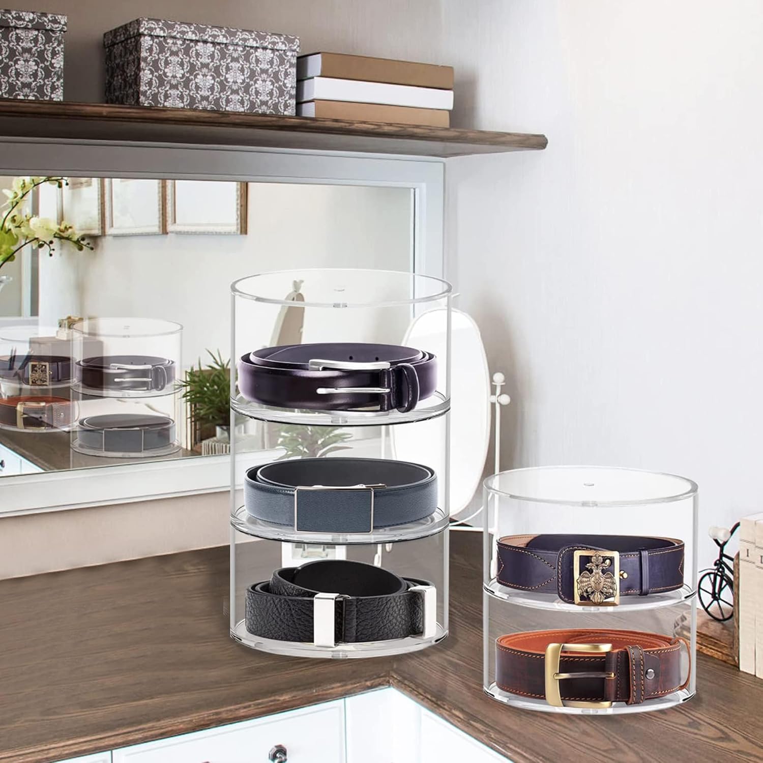 Organizador de cinturón de acrílico para armario, 3 compartimentos, soporte de almacenamiento transparente  vitrina para maquillaje, joyas, relojes,