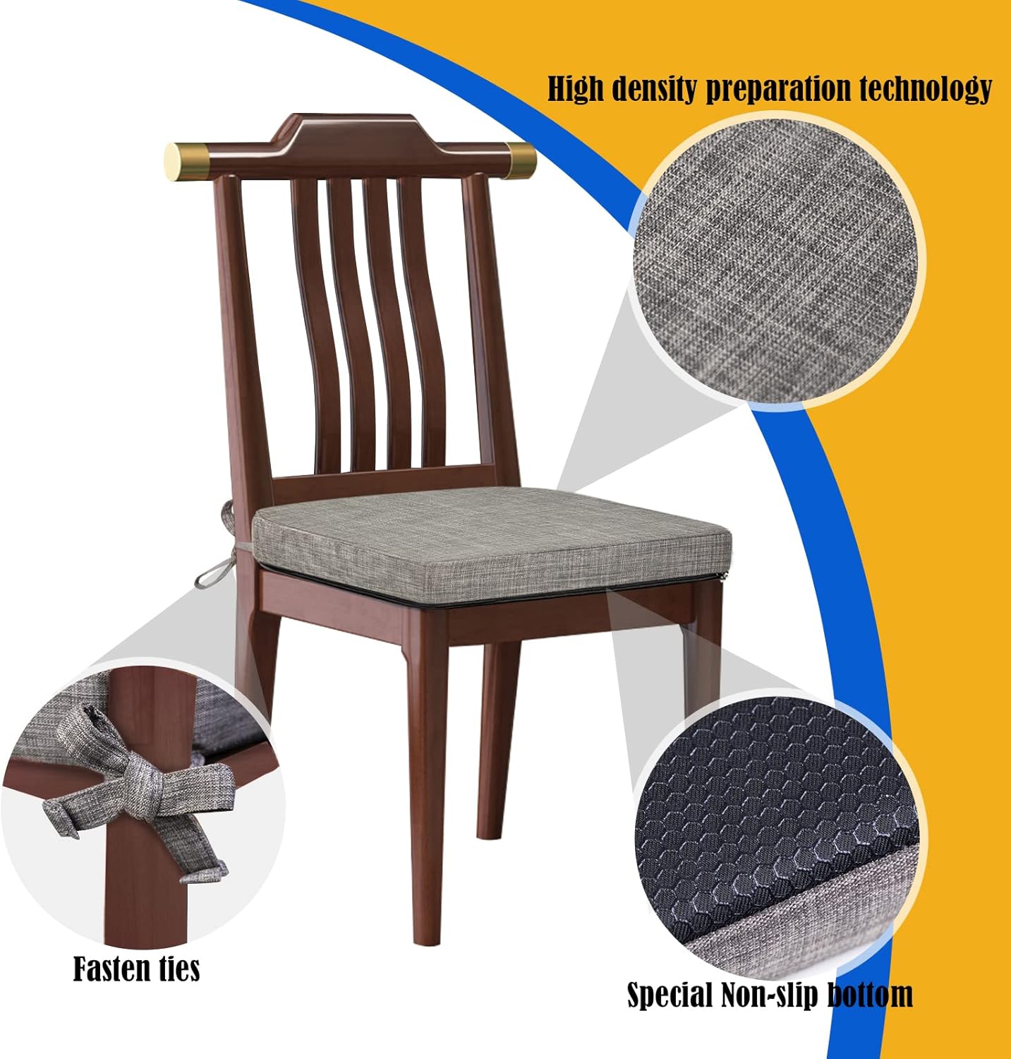 Cojines para sillas de comedor, 17 x 16 x 2 pulgadas, cojines de asiento para sillas de cocina con lazos y funda lavable, cojines para sillas de