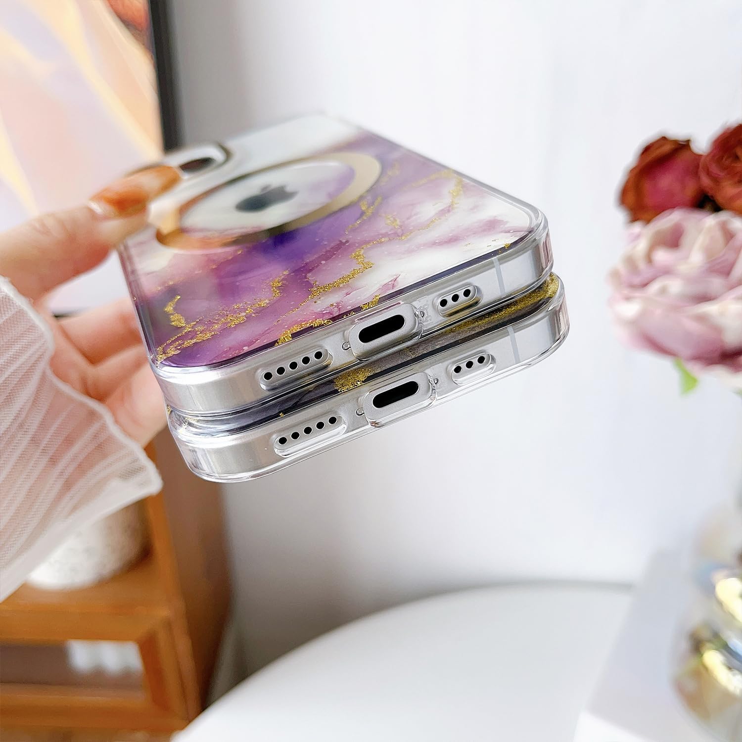 Yeddabox MagSafe – Funda compatible con iPhone 15, patrón de mármol degradado transparente con purpurina dorada para iPhone 15, funda protectora a
