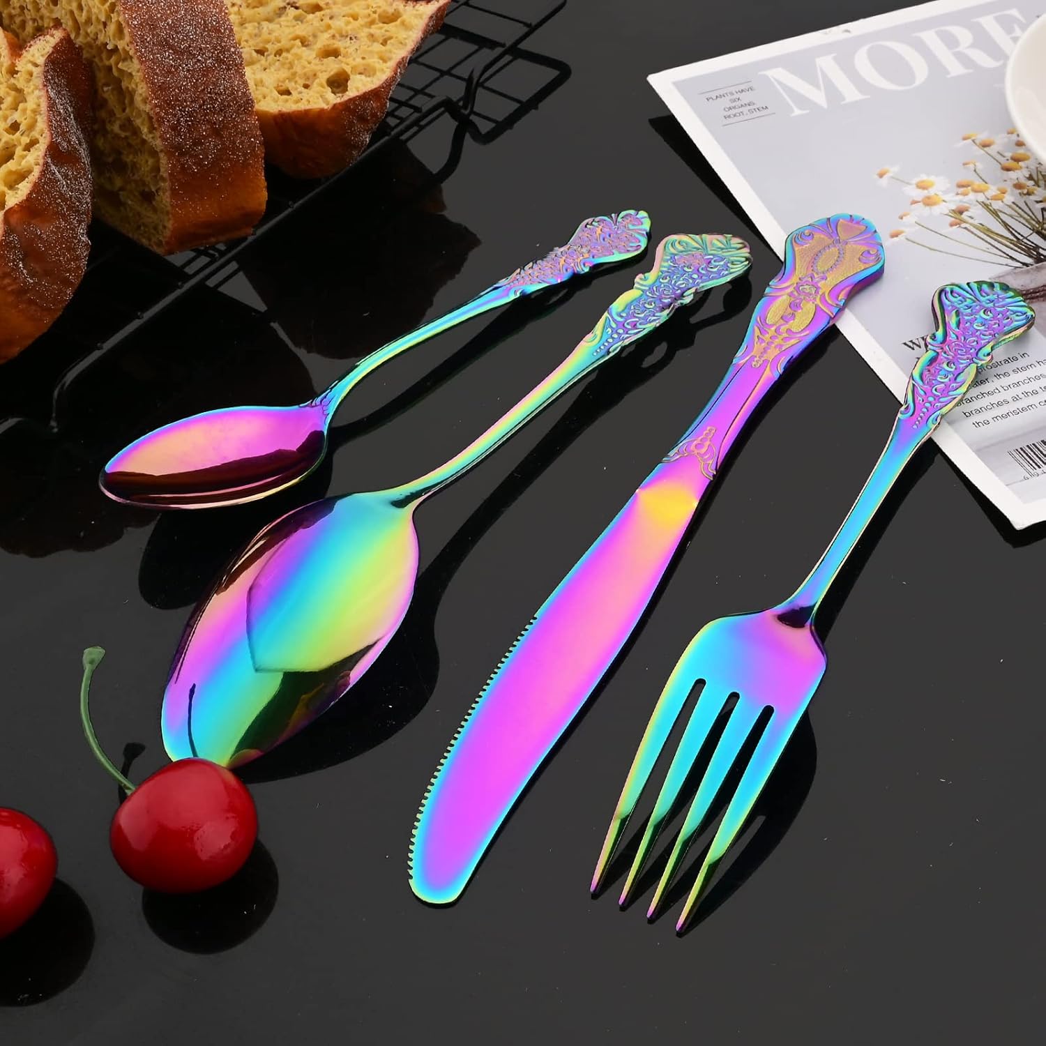 JASHII Juego de cubiertos de palacio multicolor de 24 piezas, pulido con espejo, utensilios de cocina de acero inoxidable para 6, patrón elegante