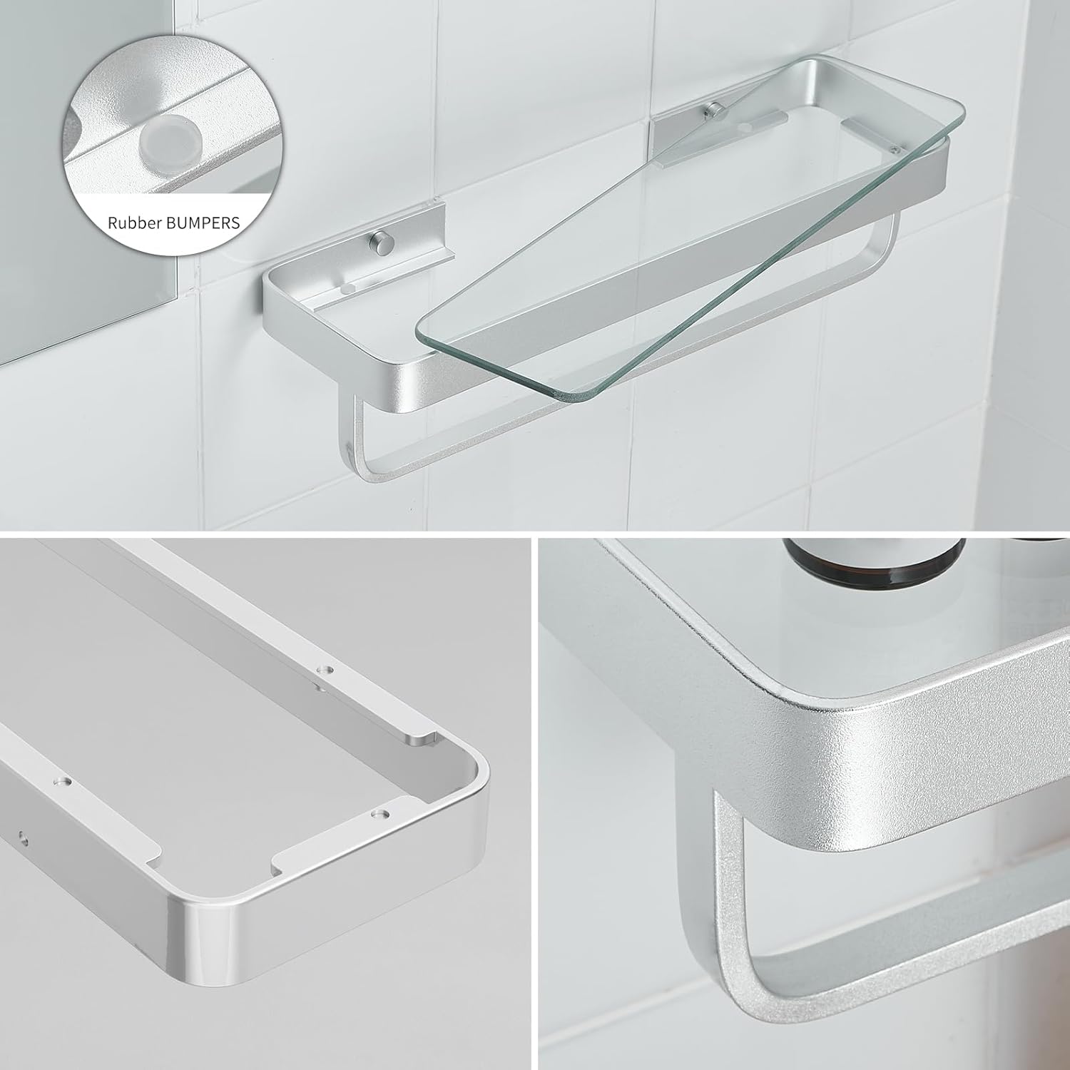 Bathroom Shelf Glass Bathroom Shelves Wall Mounted Rectangular Floating Shelves for Wall Decor Bathroom Organizer Matte Silver Set