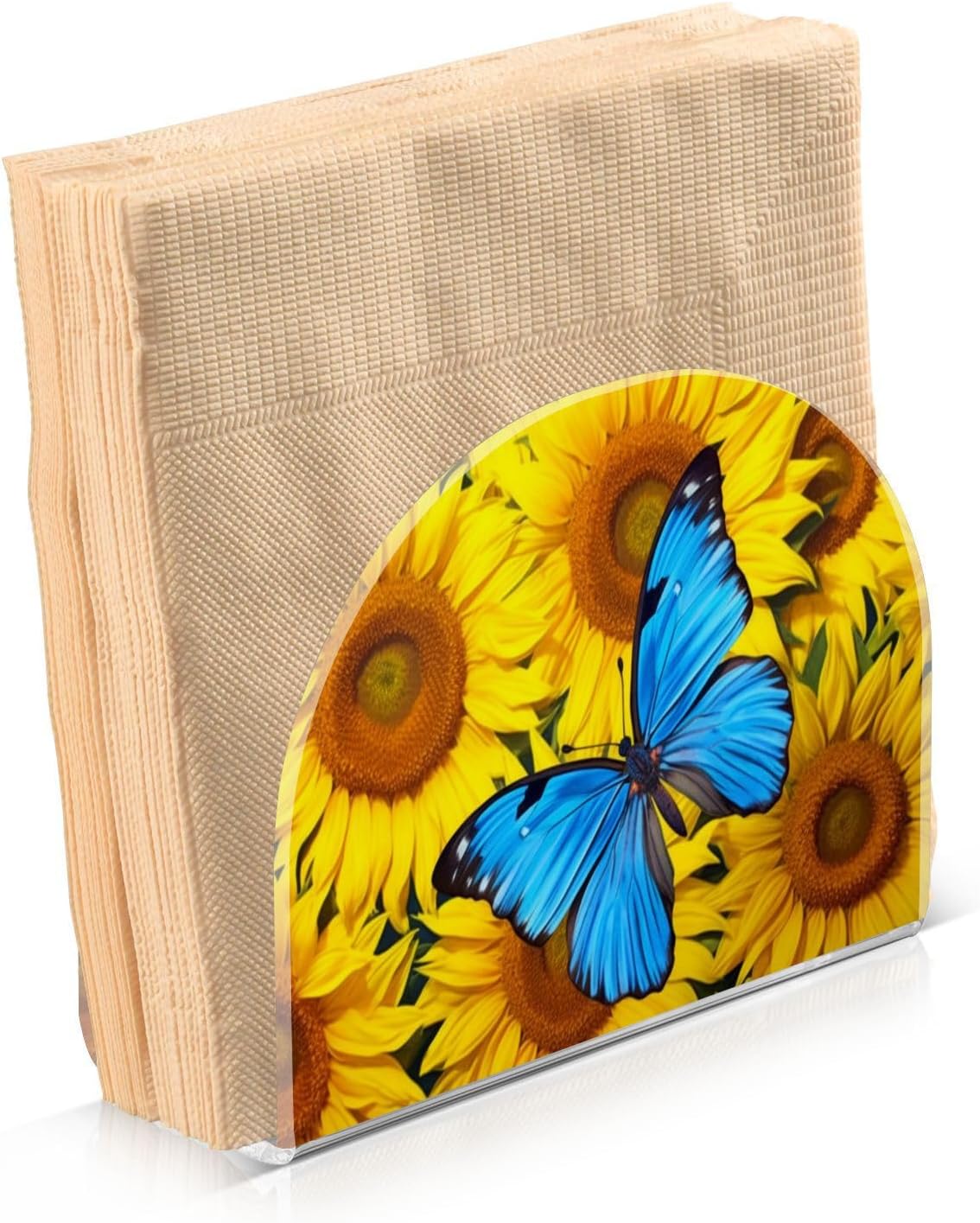 Servilletero acrílico con forma de U con forma de girasol y mariposa, soporte para servilletas de cóctel de papel antideslizante para mesas, cocina,