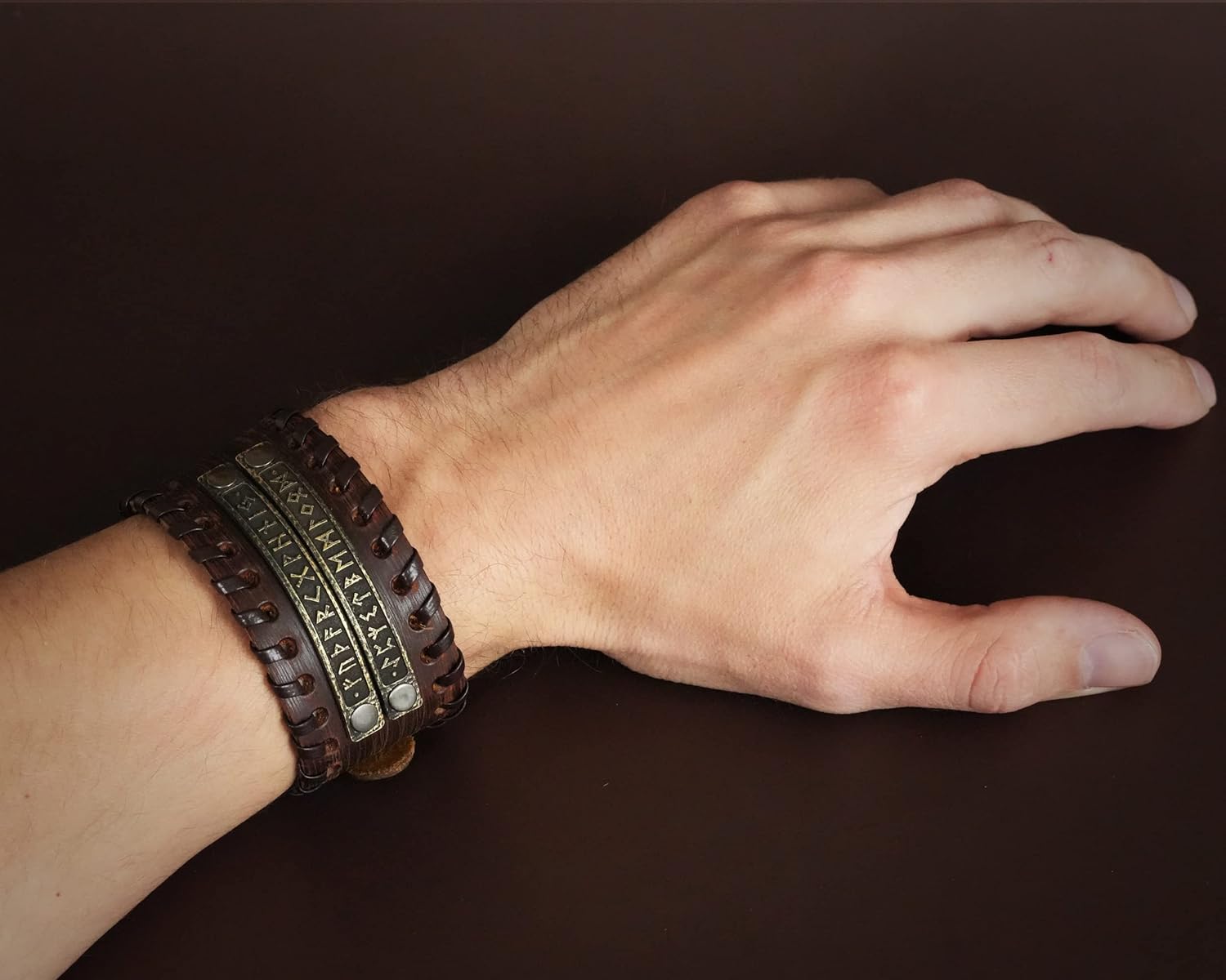 Baldur Jewelry Genuine Leather Bracelet With Viking Rune Futhark Metal Plates For Men Women, Adjustable Wrap, Ethnic Tribal Braided Bracelet