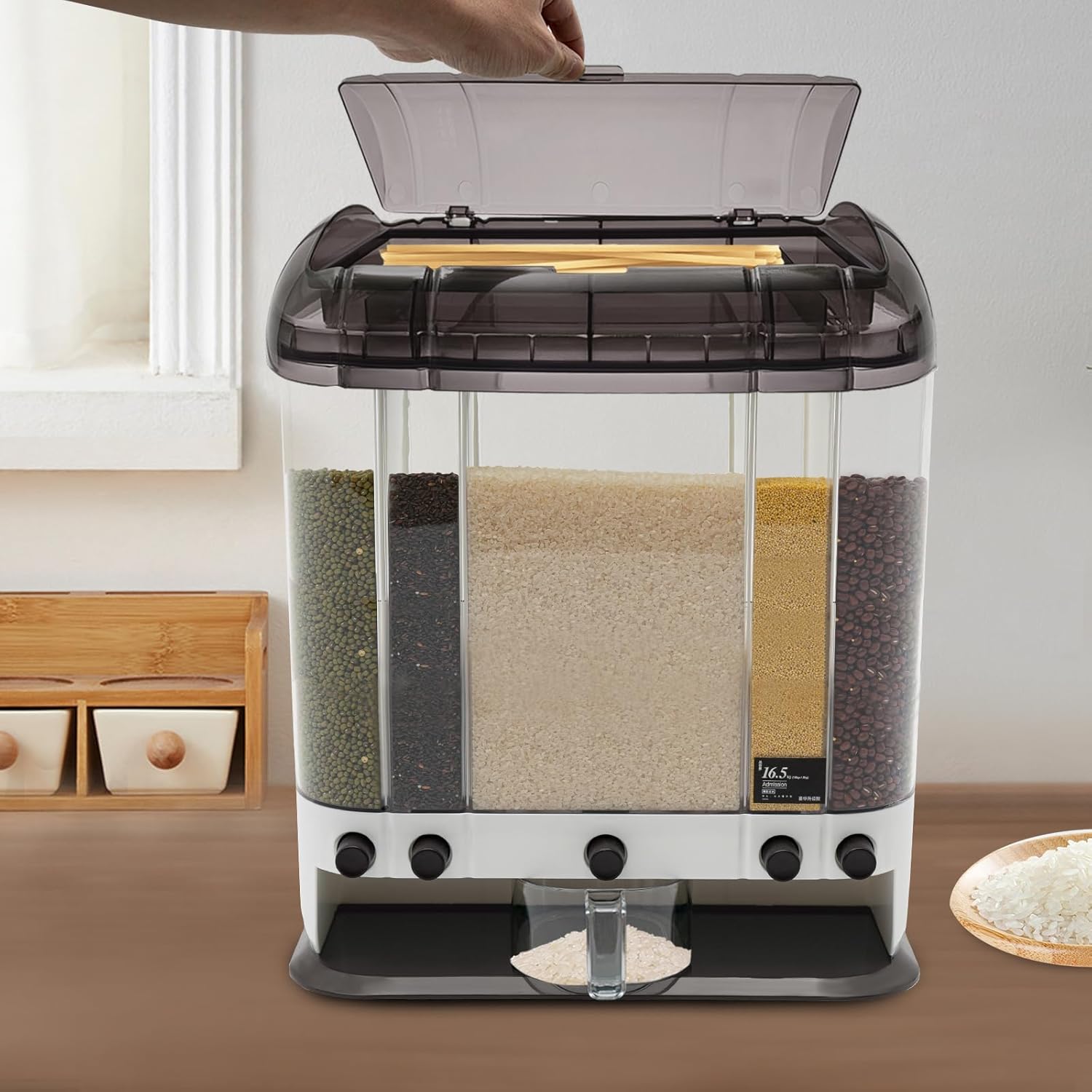 Dispensador de granos de 5 rejillas de almacenamiento de arroz con taza para cocina, dispensador de cereales de arroz y granos (marrón)
