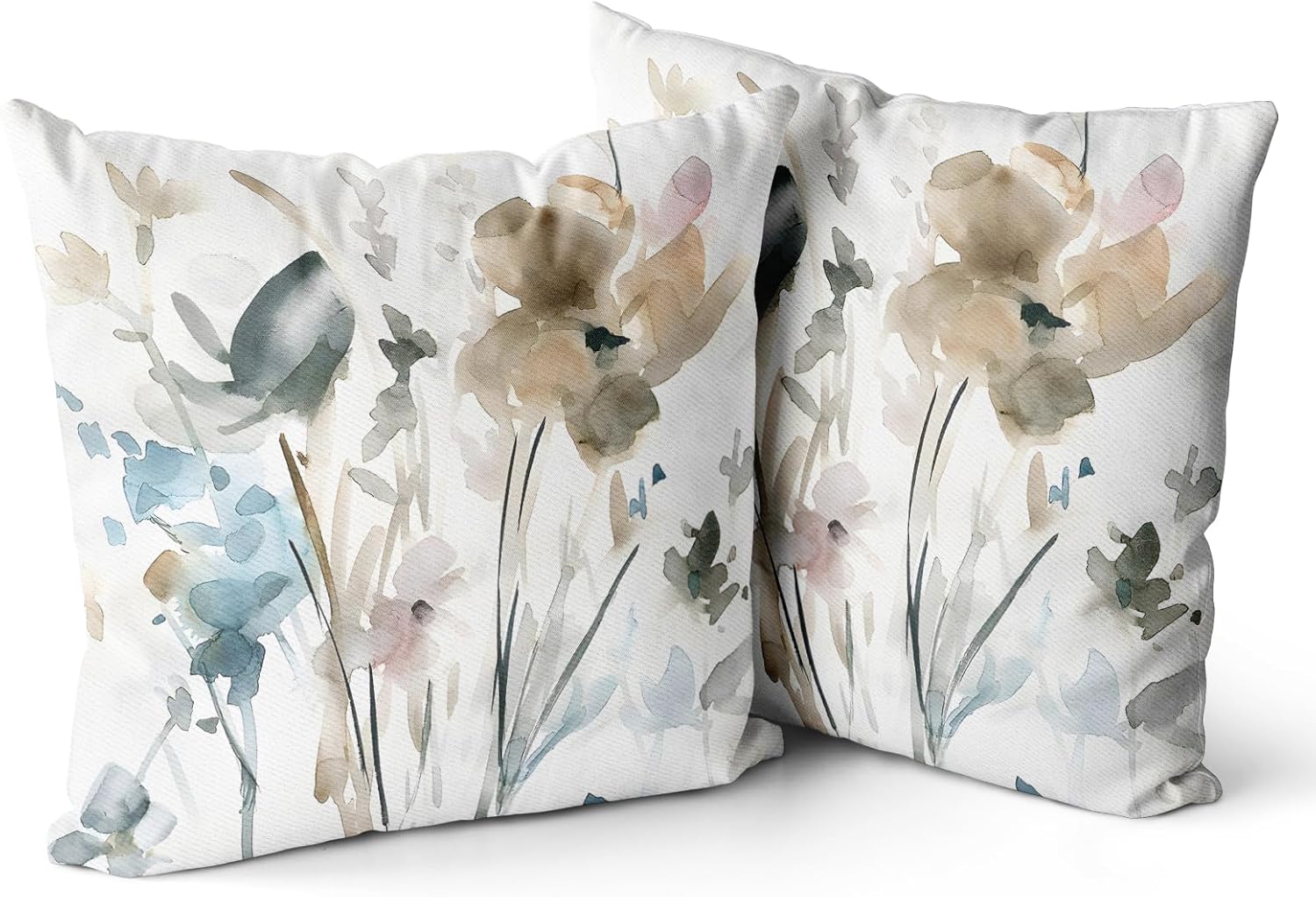 Juego de 2 fundas de almohada florales de color marrón, crema, gris, verde azulado, para sofá de flores en acuarela de 22 x 22 pulgadas, fundas de