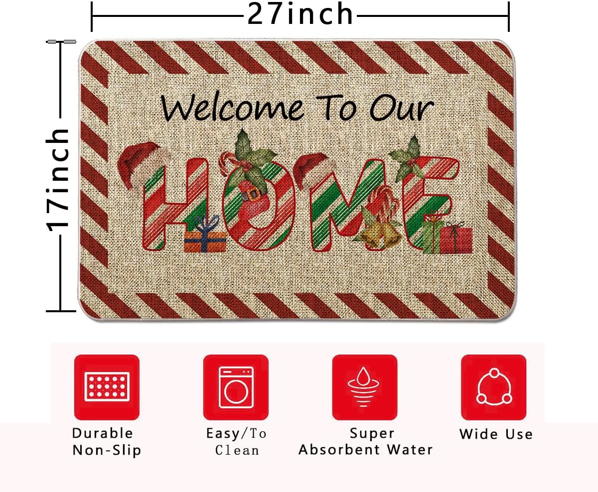 GAGEC Tapete de Navidad para puerta de exterior, tapete de bastón de caramelo, alfombra de entrada roja y blanca, tapete de puerta de menta para