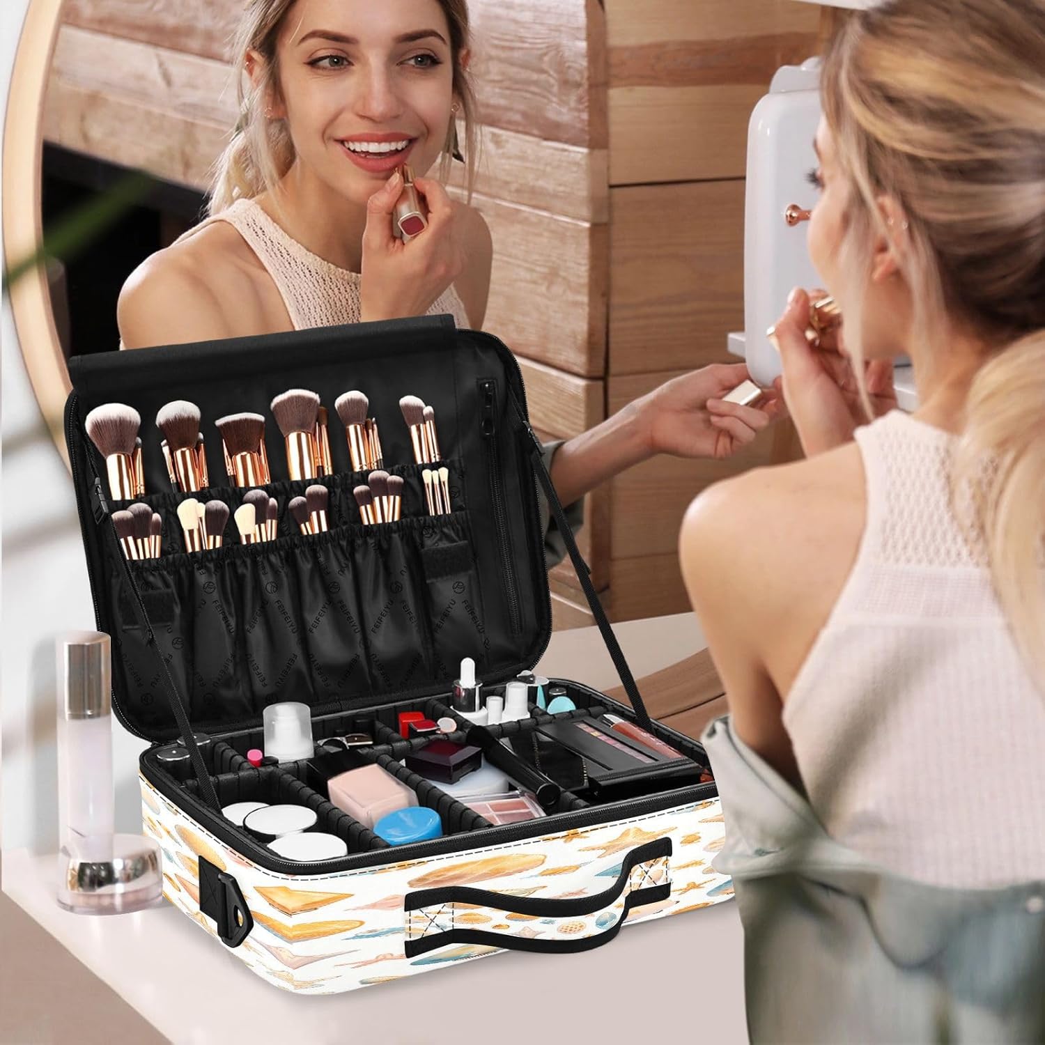 Shells Ocean Waves Beach Starfish White cosmetic bag travel toiletry makeup make up travel bag bag with compartments large travel makeup bag bolso