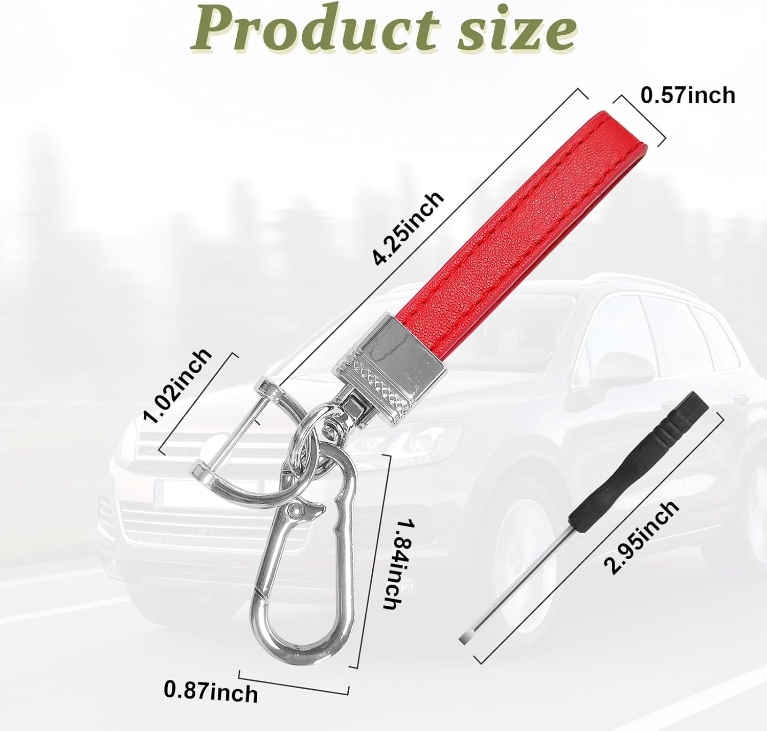 Llavero de cuero de microfibra para automóvil, giratorio de 360 grados, con anillo en D antipérdida, llavero y destornillador (rojo y plateado)