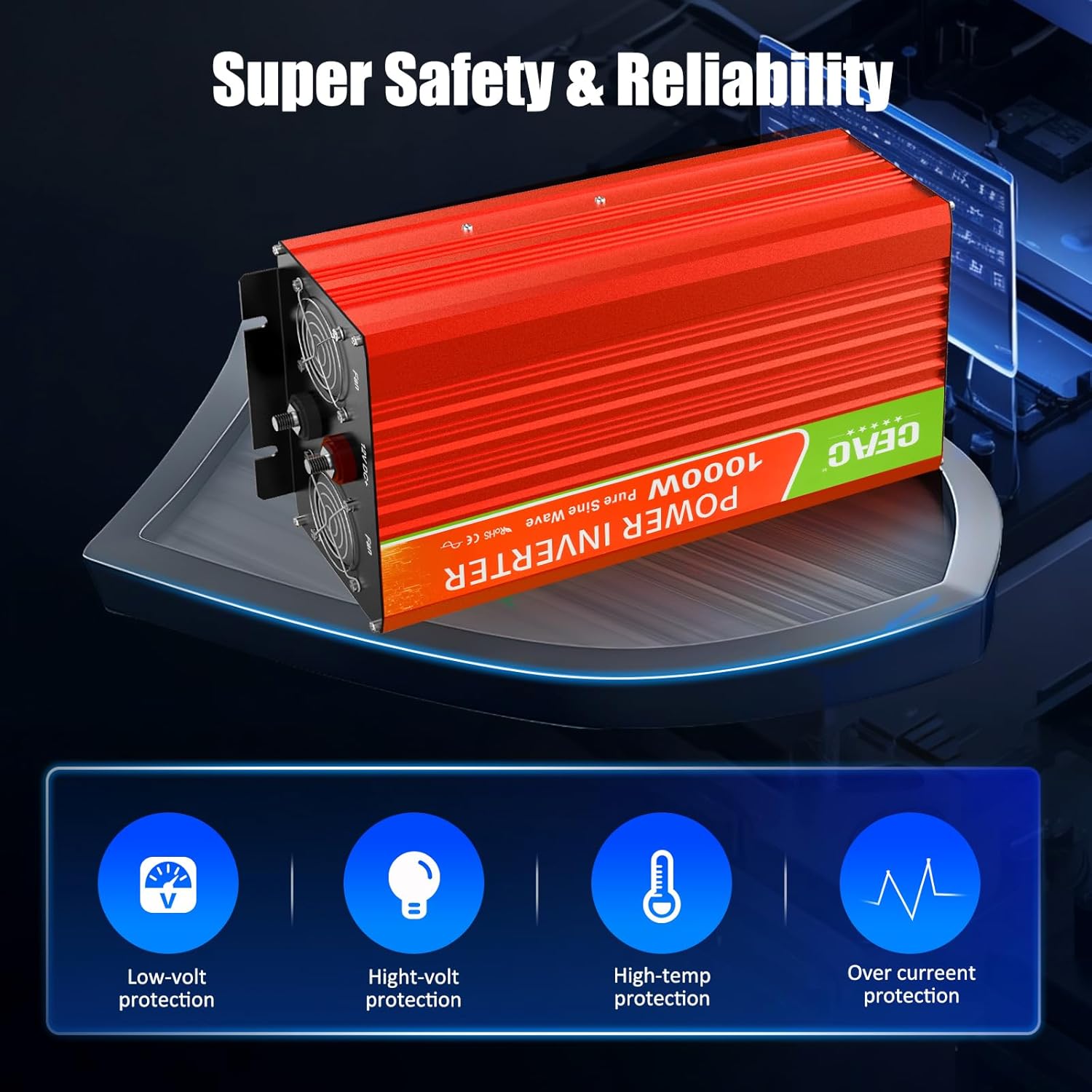 Inversor de onda sinusoidal pura de 1000 W, convertidor de 12 V CC a 110 V CA con rayo, cable de datos USB para el hogar, RV, camión, campamento con