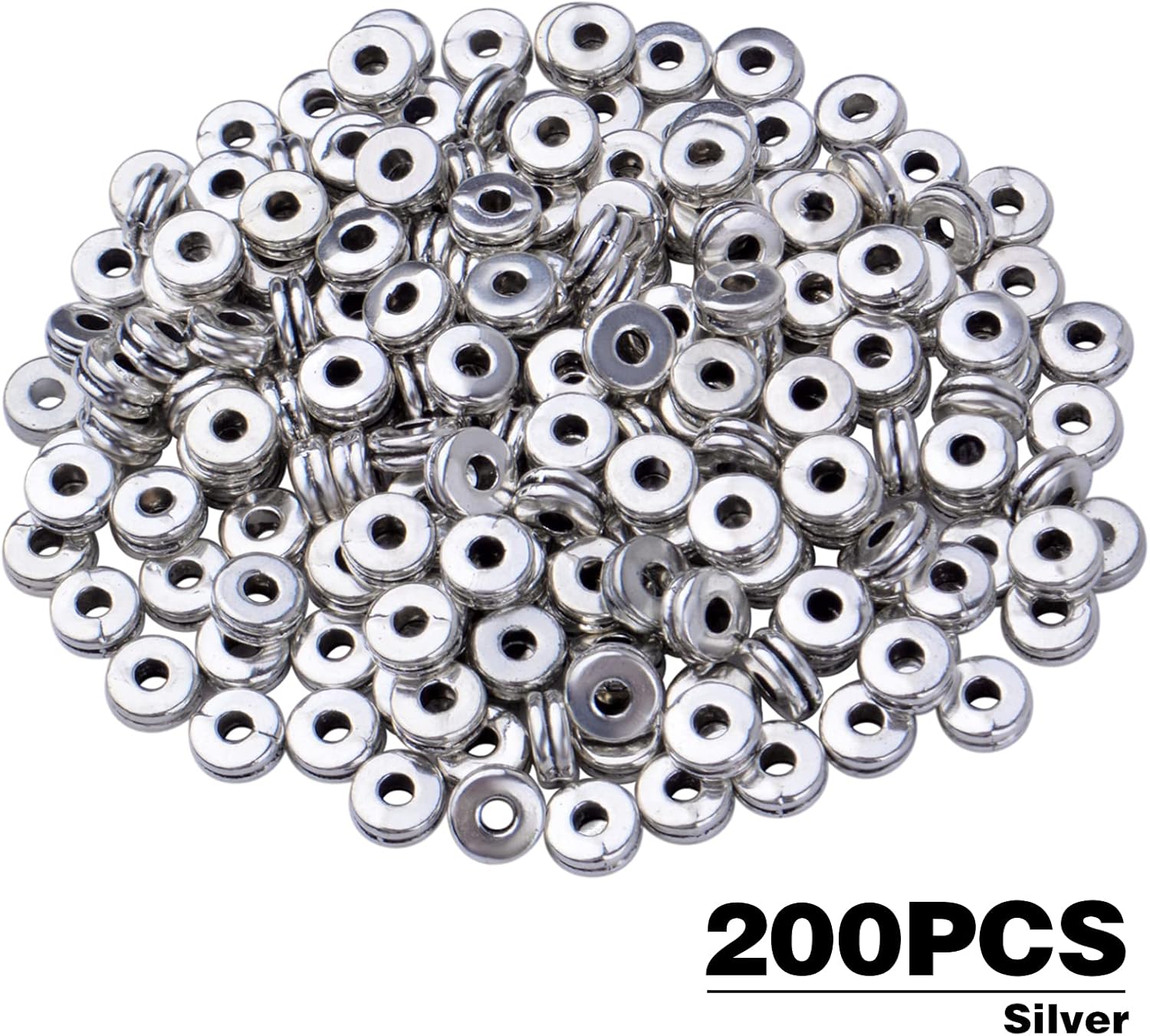 Aylifu 200 cuentas espaciadoras redondas planas de plata de 0.236 pulgadas (0.236in), cuentas de disco espaciadoras, cuentas sueltas espaciadoras