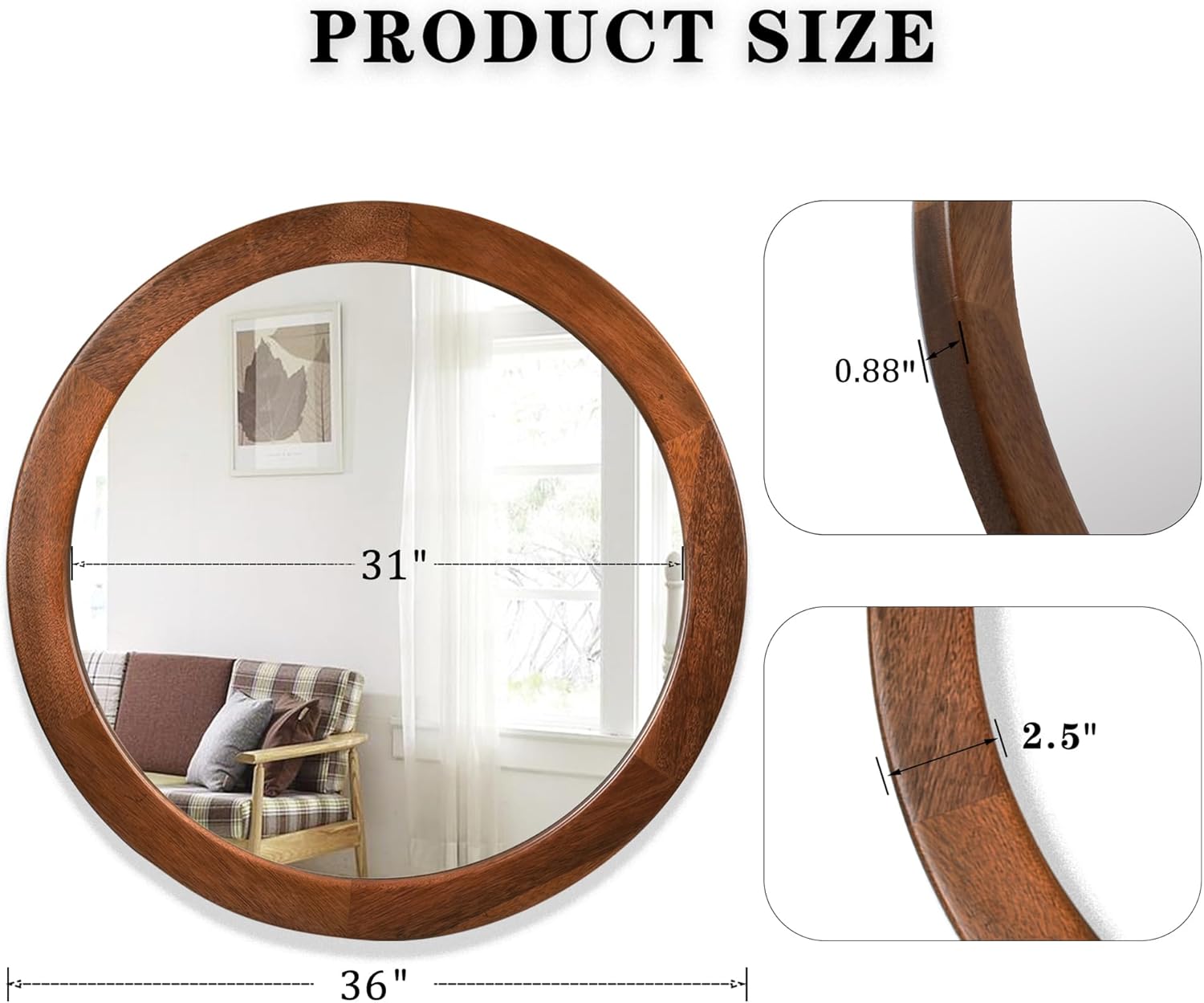 Espejo redondo de 36 pulgadas, espejo de pared templado de madera rústica para baño con marco de nogal, espejo circular de madera de granja para