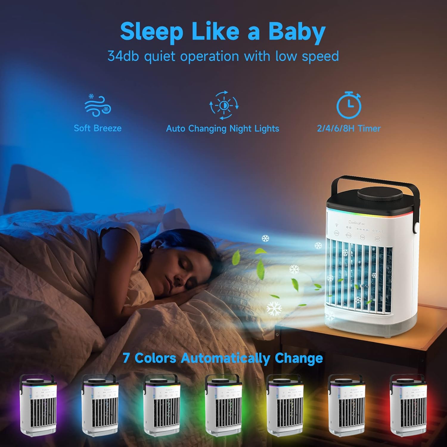 Aire acondicionado portátil, mini ventilador de aire acondicionado portátil, 4 velocidades de viento y 7 luces LED, 2 pulverizadores de aire frío y