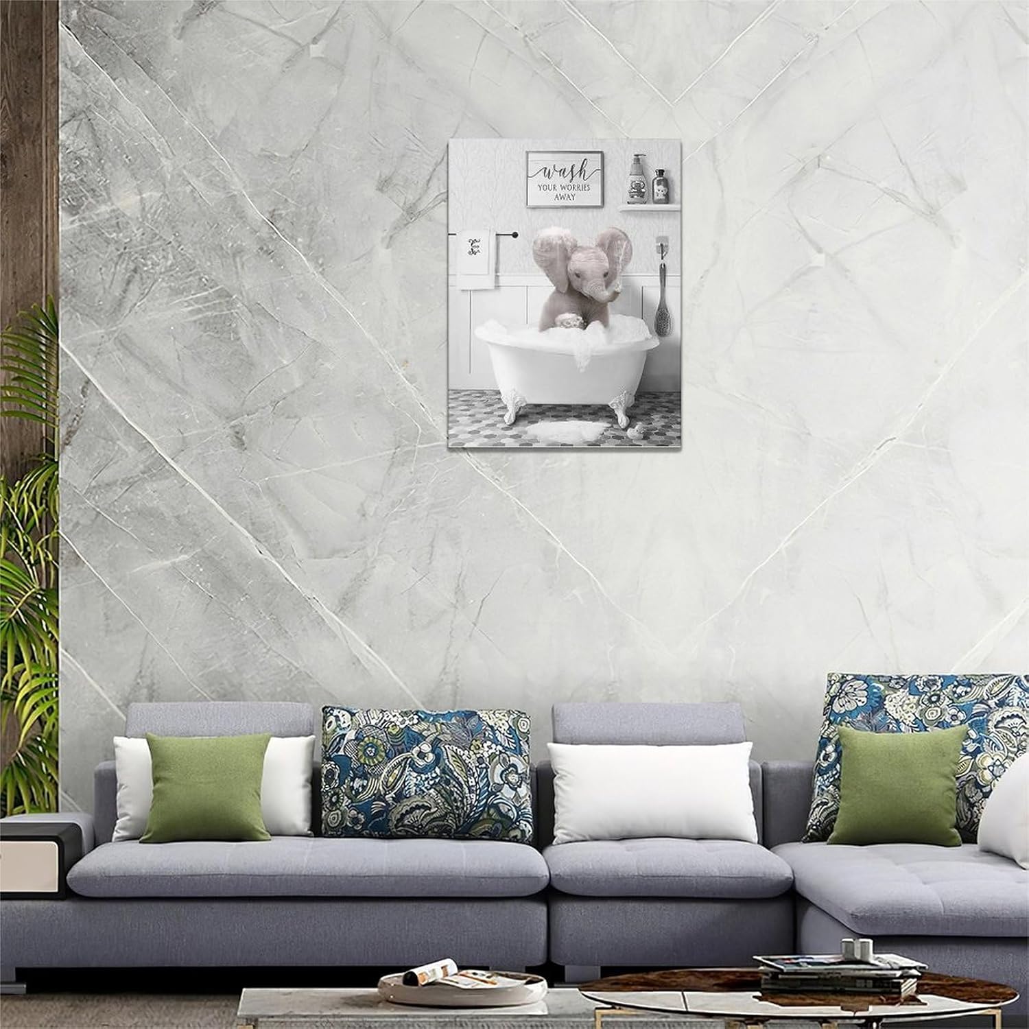 Divertido arte de pared de elefante para baño, fotos de elefante para bañera, decoración de pared de animales en blanco y negro, letrero de baño,