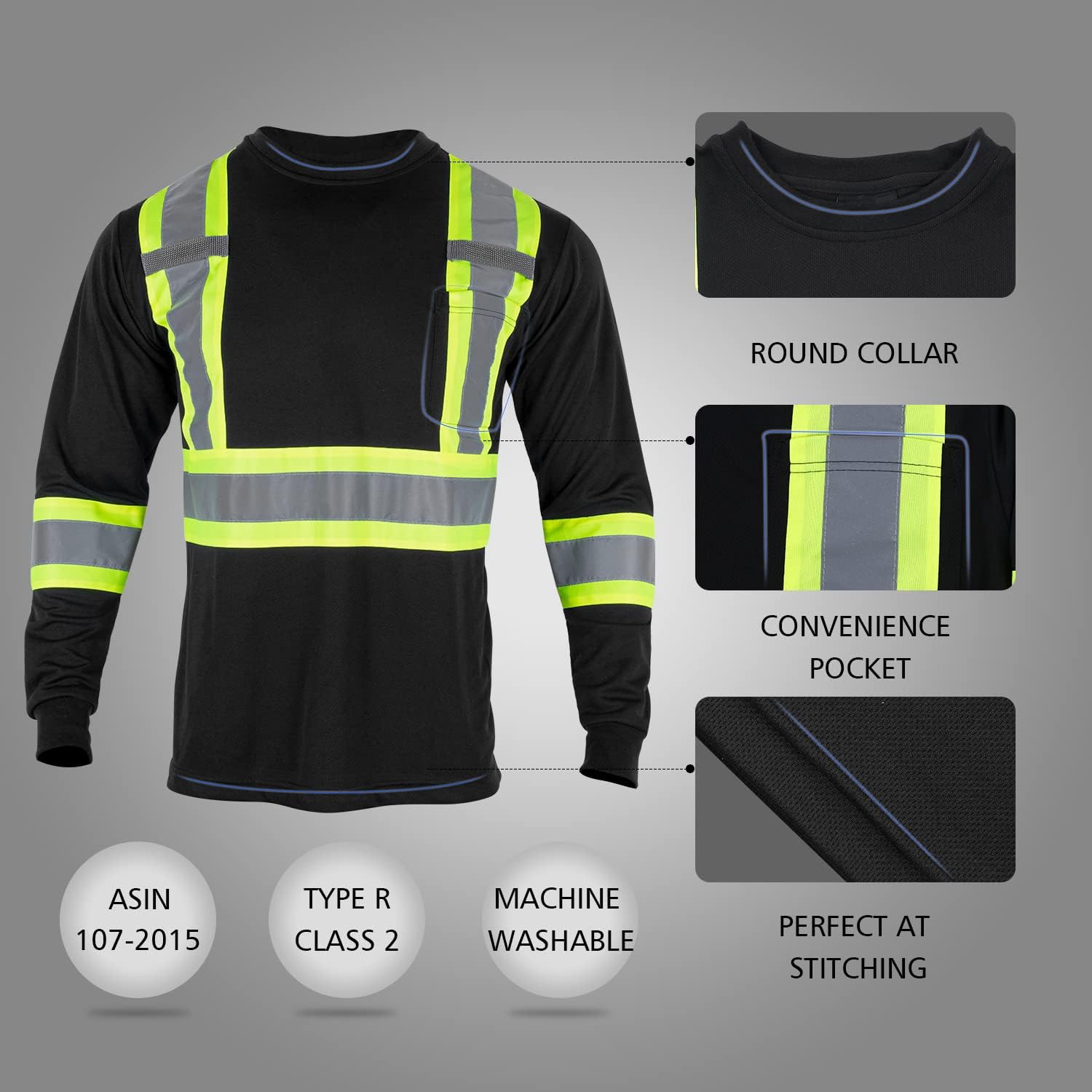 BLKNIGHTS Camisa de seguridad reflectante de alta visibilidad para hombres ANSI Clase 2 Trabajo de construcción Camisa negra de manga larga