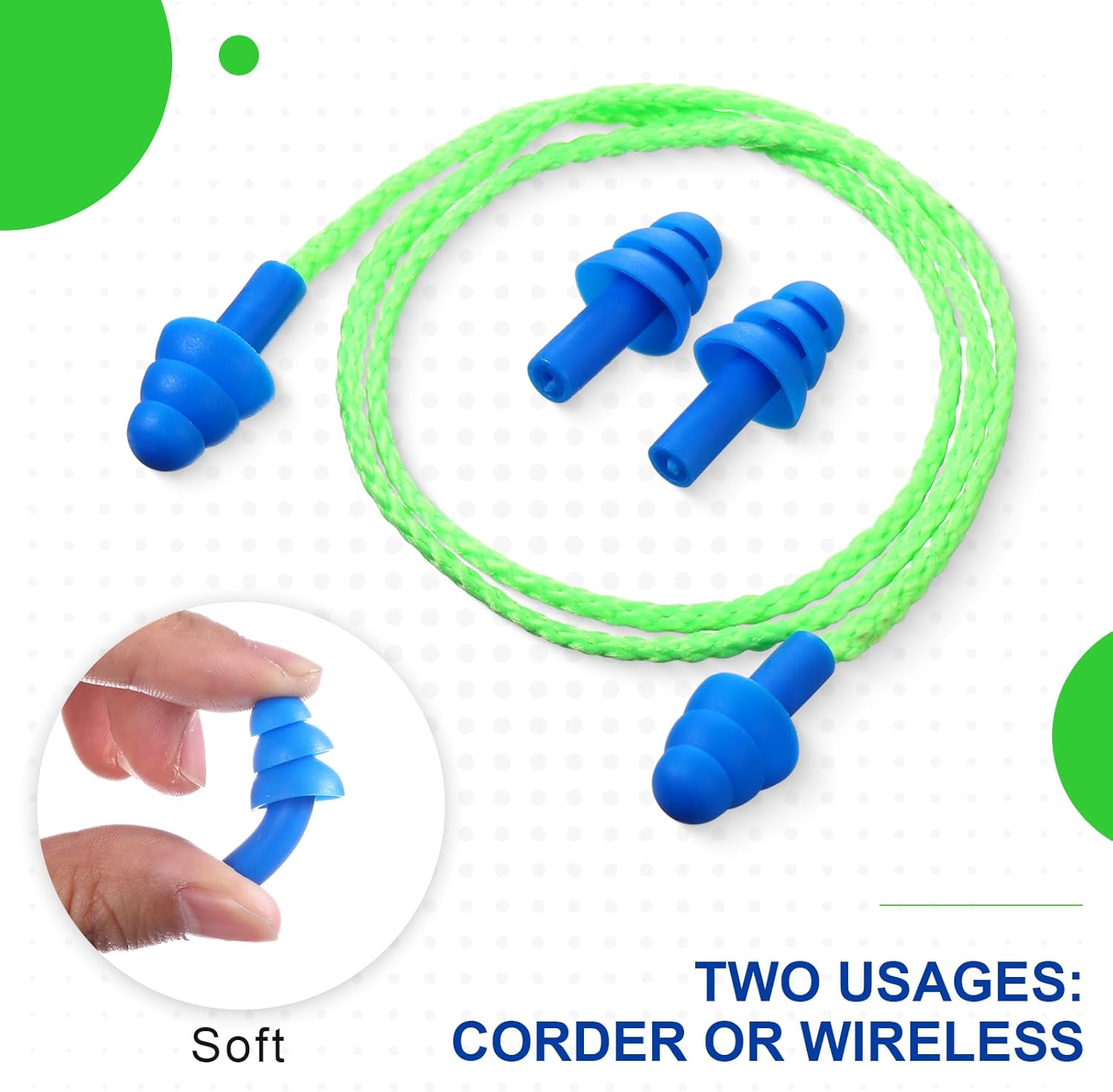 200 pares de tapones para los oídos reutilizables de silicona con cordón para dormir, envueltos individualmente, protección auditiva, tapones para
