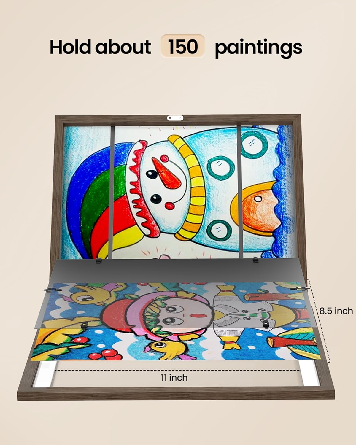BAIJIALI Marcos de arte marrón para obras de arte infantiles, apertura frontal con capacidad para 150 dibujos, manualidades 3D, 2 paquetes de 8.5 x