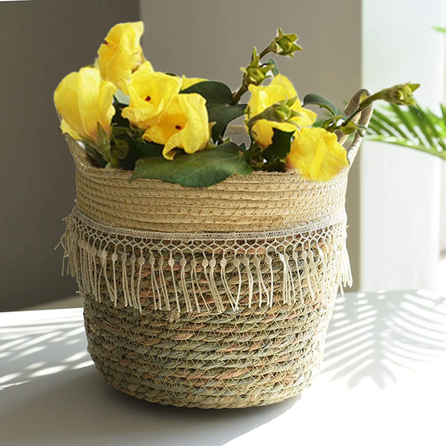 Cesta tejida de hierba marina para maceta, hecha a mano, decoración del hogar para almacenamiento, maceta, cesta de lavandería, picnic, cesta de