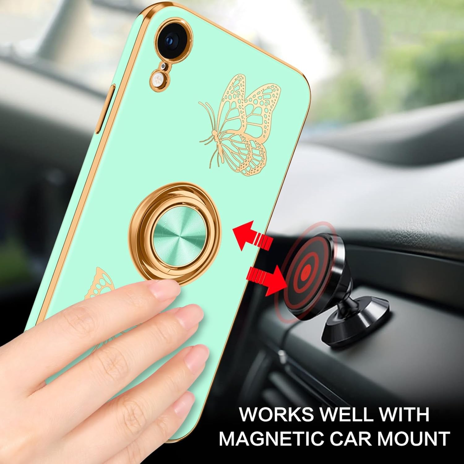 BENTOBEN Funda para iPhone XR, funda para teléfono iPhone XR 6.1, ajuste delgado, diseño de mariposa dorada, soporte de anillo de soporte de anillo