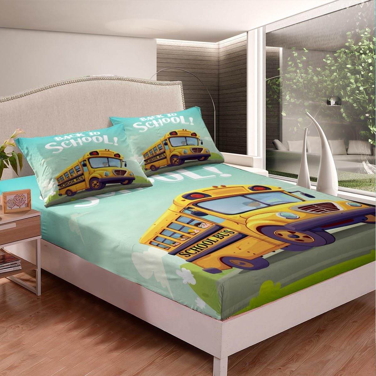 Erosebridal Juego de cama de autobús escolar, sábana bajera con estampado de auto amarillo, sábanas de vehículos escolares de dibujos animados,