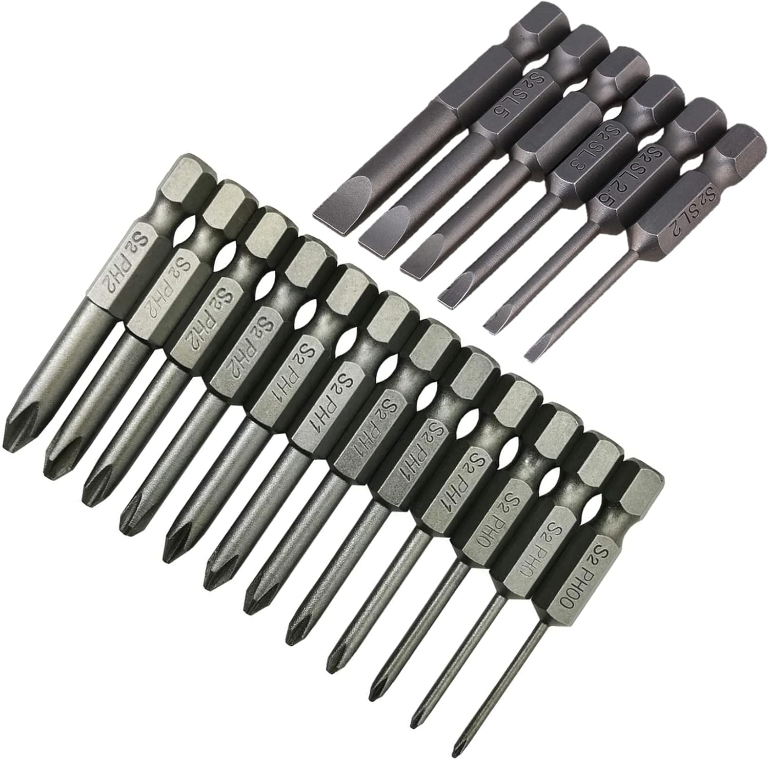 Juego de 18 puntas de destornillador Phillips ranuradas, vástago hexagonal de 14 de pulgada S2 de acero magnético de 2 pulgadas de largo con caja de