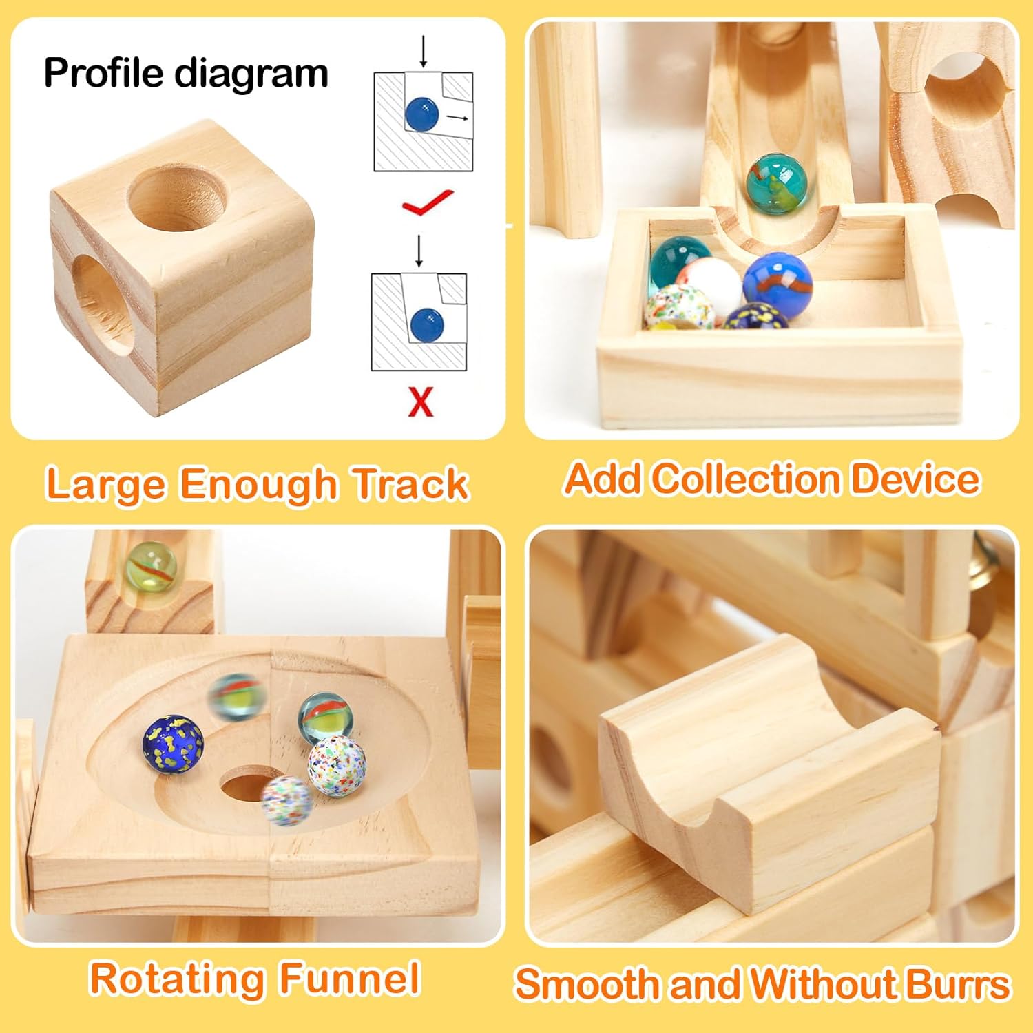 Gemscream Carrera de mármol de madera para niños de 4 a 8 años, 120 piezas de bloques de construcción de madera y juego de construcción y canicas de