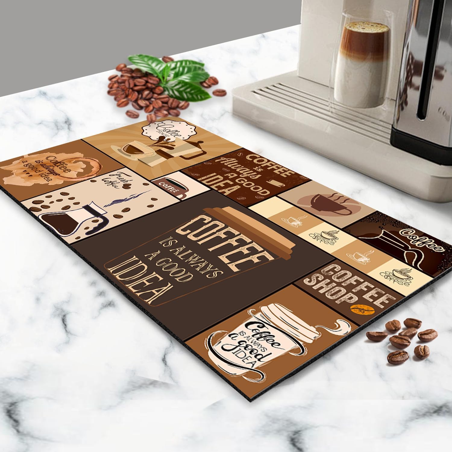 Tapete de secado de platos para encimera de cocina, tapete de café marrón acuarela con protección contra derrames para platos, cafetera y olla,