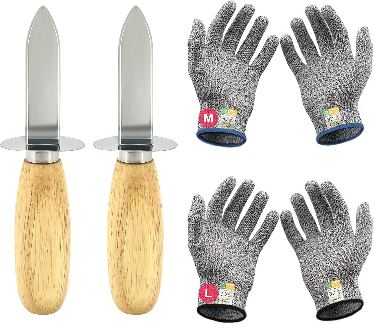 Juego de 2 cuchillos de ostras de acero inoxidable y 2 pares de guantes resistentes a cortes de nivel 5, cuchillos de ostras adecuados para todo