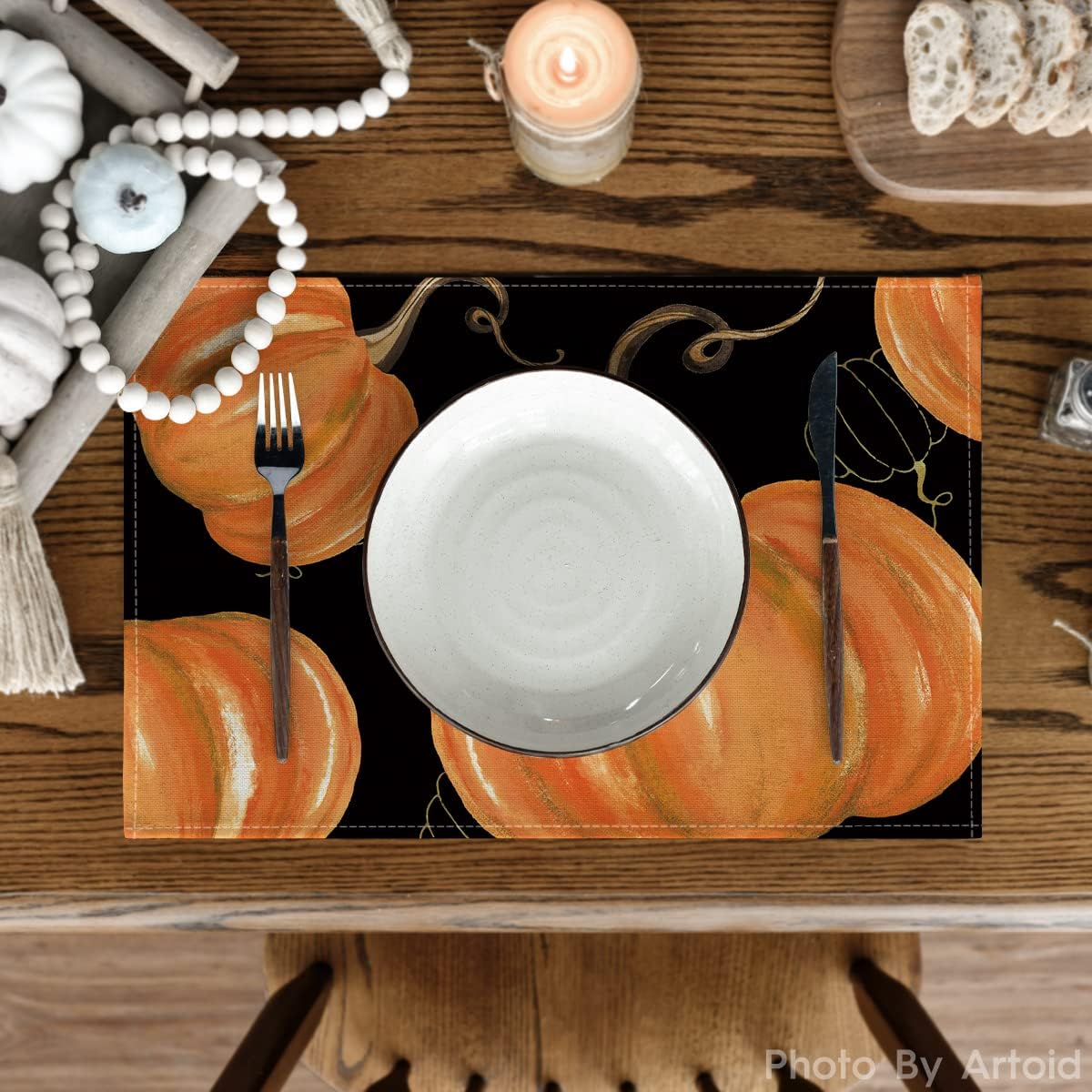 Artoid Mode Juego de 2 manteles individuales de otoño de 12 x 18 pulgadas con diseño de calabazas negras para decoración de fiestas, cocina, comedor