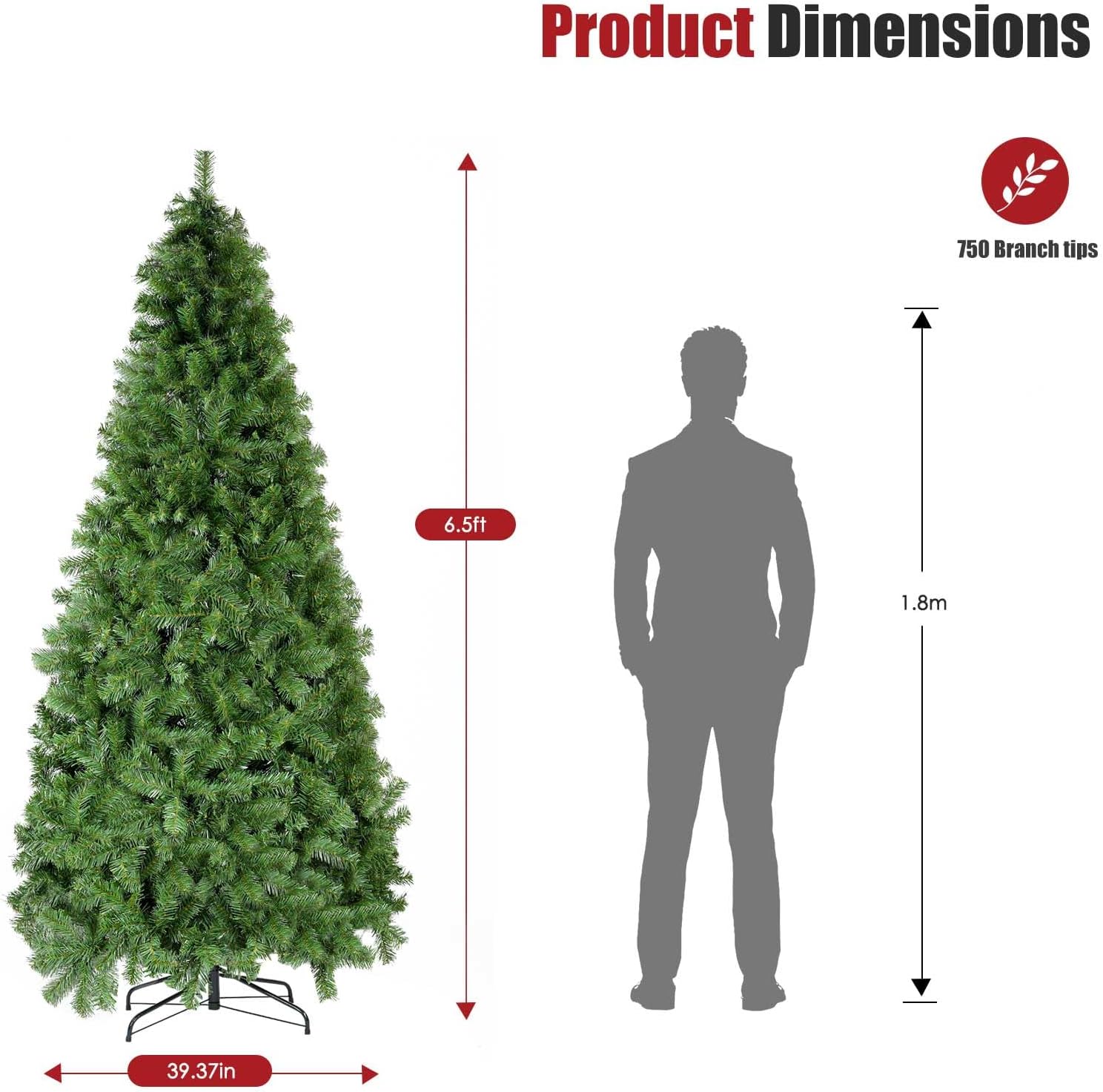 Árbol de Navidad artificial de abeto de 6.5 pies con bisagras de metal de alta calidad, adecuado para el hogar, oficina, decoración de fiestas,