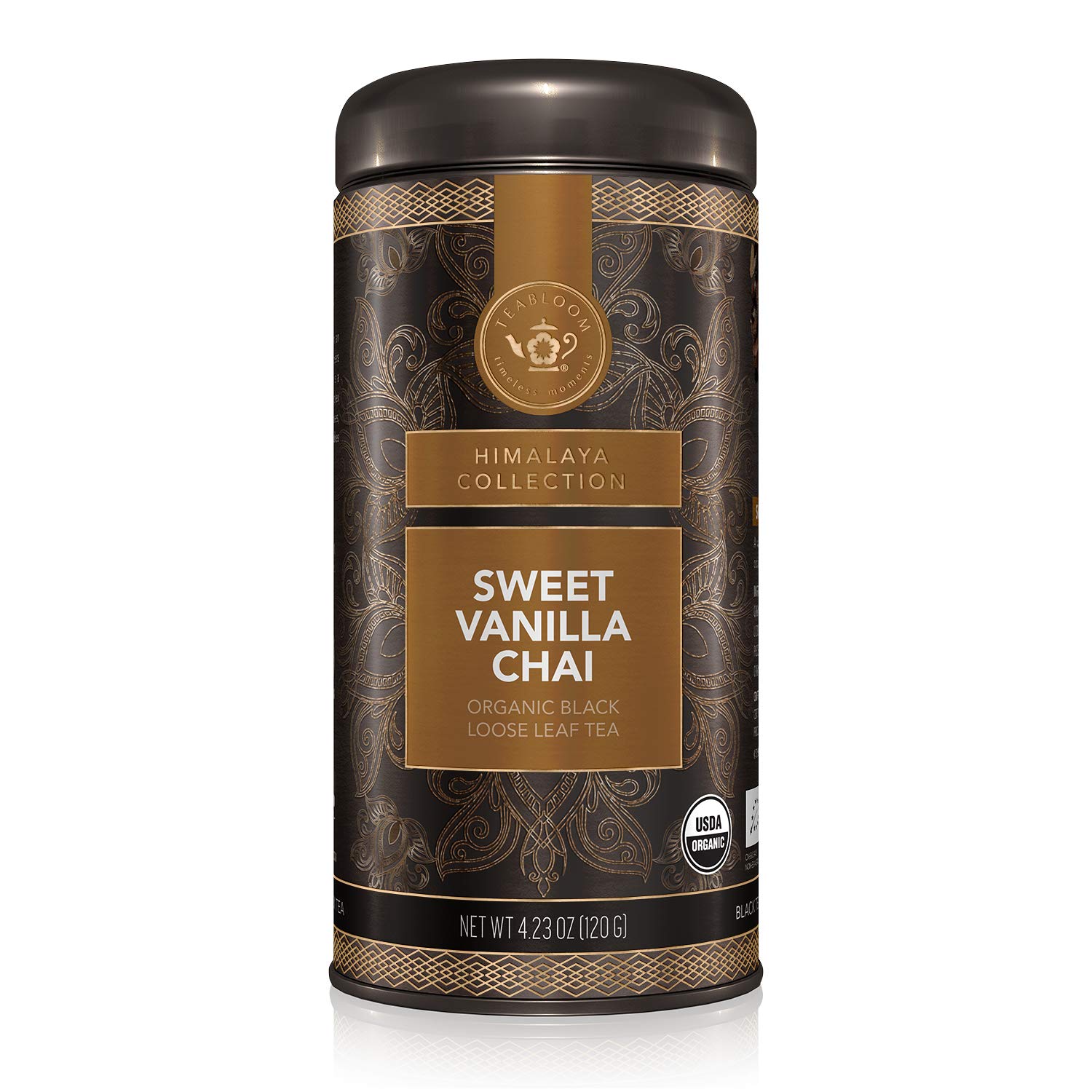 Teabloom Té negro orgánico, té dulce de vainilla Chai de hojas sueltas, mezcla rica y picante con aroma a vainilla, excepcional mezcla de hojas