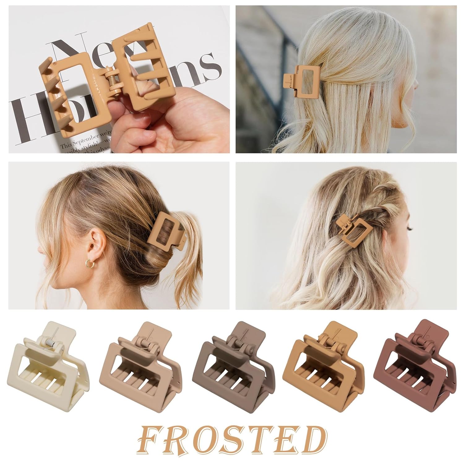 Cobinaan Pinzas para el cabello rectangulares mate medianas para mujeres y niñas, 2 x 1 x 1.8 pulgadas, 8 piezas de colores cálidos, pinzas