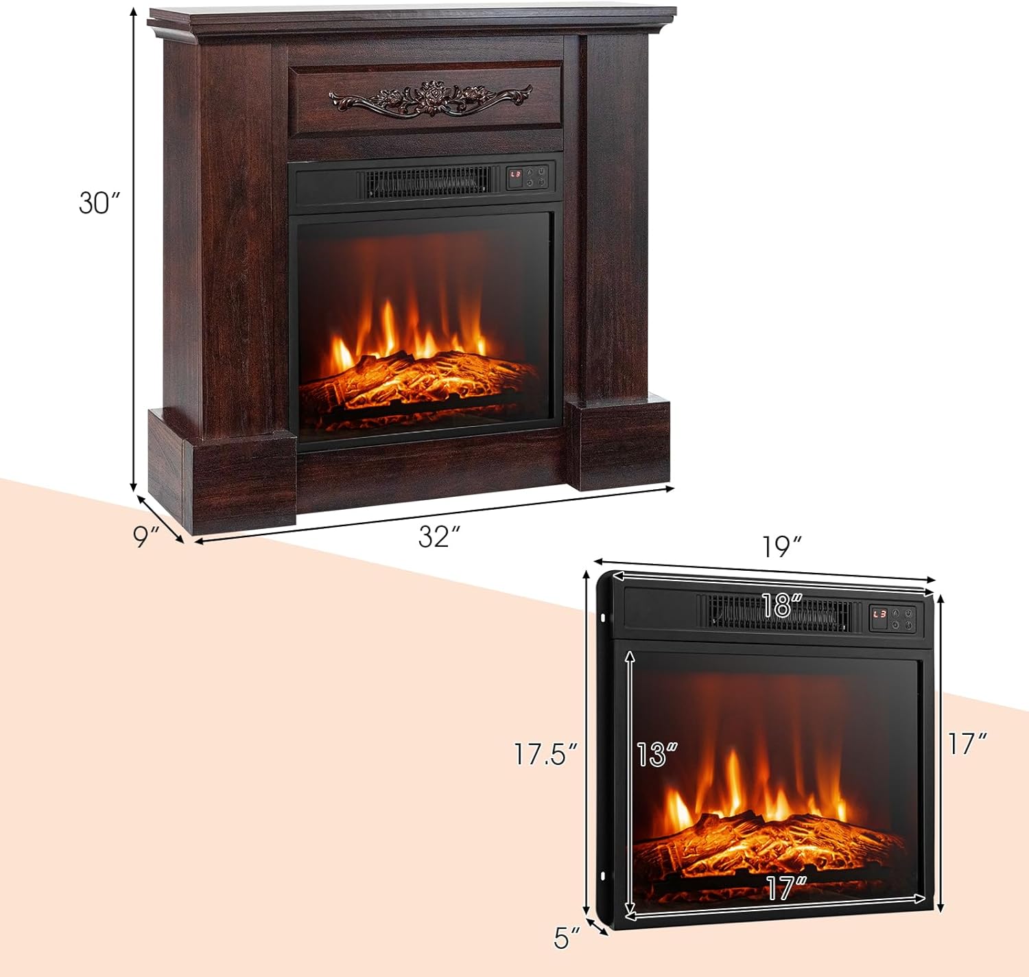 ORALNER Chimenea eléctrica de 32 pulgadas con repisa, paquete de chimenea envolvente de madera con 3 efectos de llama, control remoto y temporizador