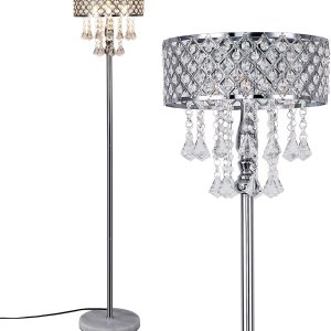 Hsyile KU300256 Mini lámpara de pie de cristal europeo para sala de estar, dormitorio, oficina, acabado cromado, 3 luces Hsyile KU300256 Mini lámpara de pie de cristal europeo para sala de estar, dormitorio, oficina, acabado cromado, 3 luces