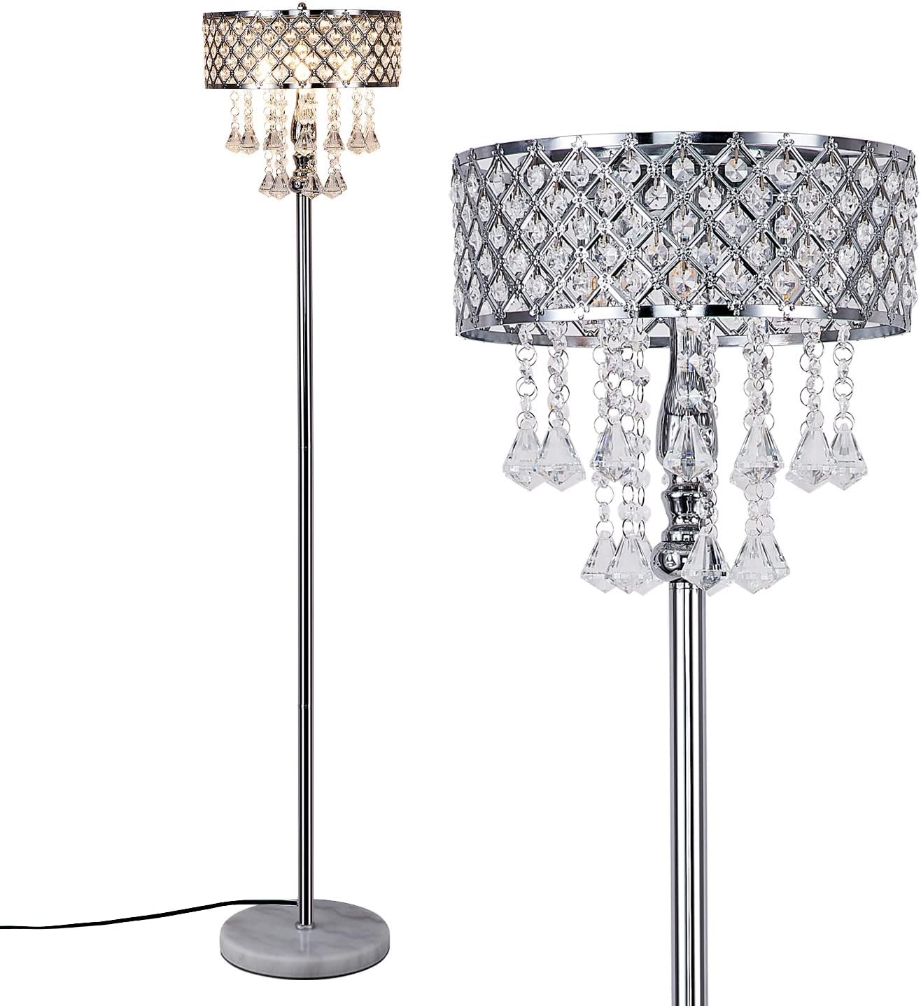 Hsyile KU300256 Mini lámpara de pie de cristal europeo para sala de estar, dormitorio, oficina, acabado cromado, 3 luces