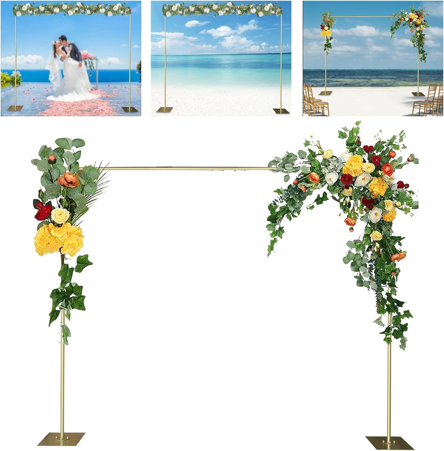 Sistema de soporte de fondo de arco de boda de metal grande, kit de tubo profesional resistente para telón de fondo con base de acero (dorado de 4.9