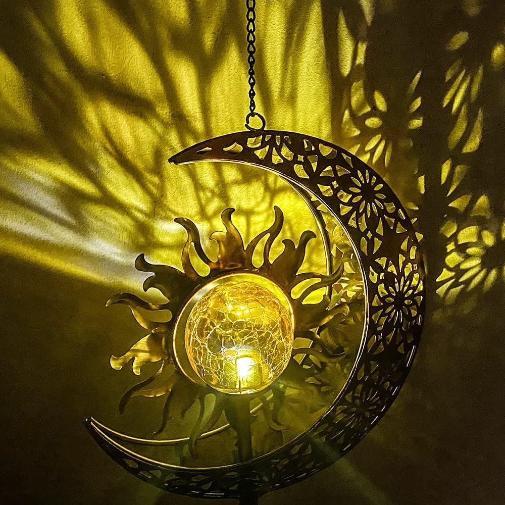 Campanillas de viento solares, para exteriores, jardín, decorativo, con bola agrietada, impermeable, de metal, LED, para colgar (luna y sol)