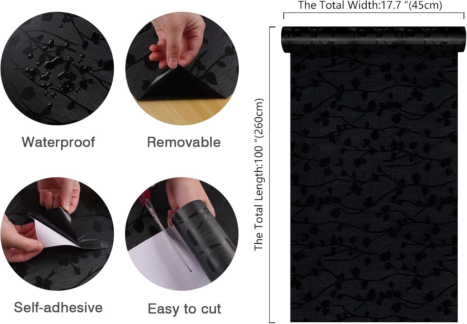 CHIHUT Papel tapiz negro para despegar y pegar, papel de contacto negro con relieve de seda, autoadhesivo, vinilo texturizado, decorativo,