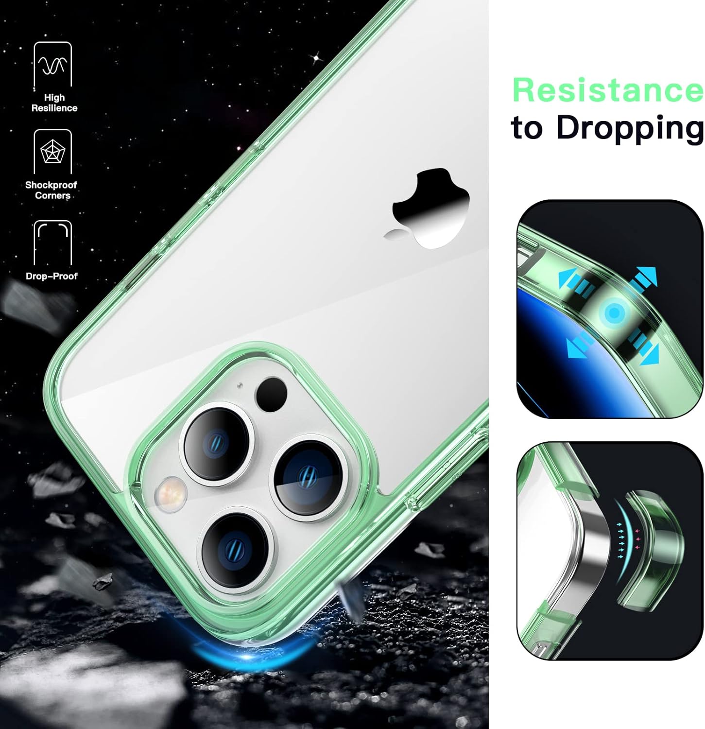 JETech Funda para iPhone 14 Pro de 6.1 pulgadas, no se pone amarillenta, a prueba de golpes, parte trasera transparente antiarañazos (verde
