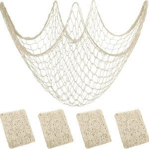 Aodaer 4 piezas de red de pescado natural decorativa de algodón natural, decoración de playa para cumpleaños de sirena, bebé, tiburón, cumpleaños, Aodaer 4 piezas de red de pescado natural decorativa de algodón natural, decoración de playa para cumpleaños de sirena, bebé, tiburón, cumpleaños,