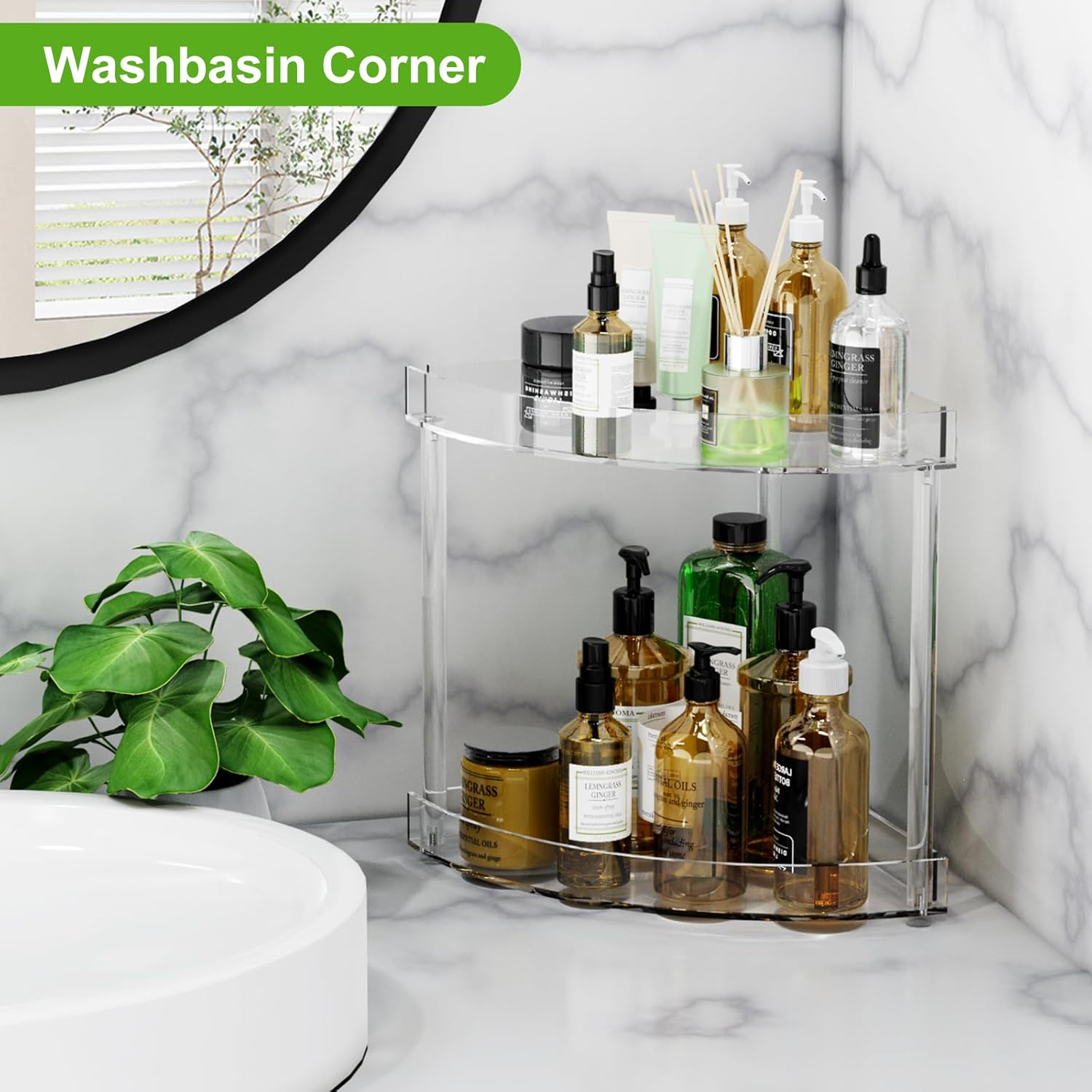 Organizador de encimera de baño de 2 niveles, organizador de esquina de encimera de baño acrílico, estante de almacenamiento transparente, bandejas
